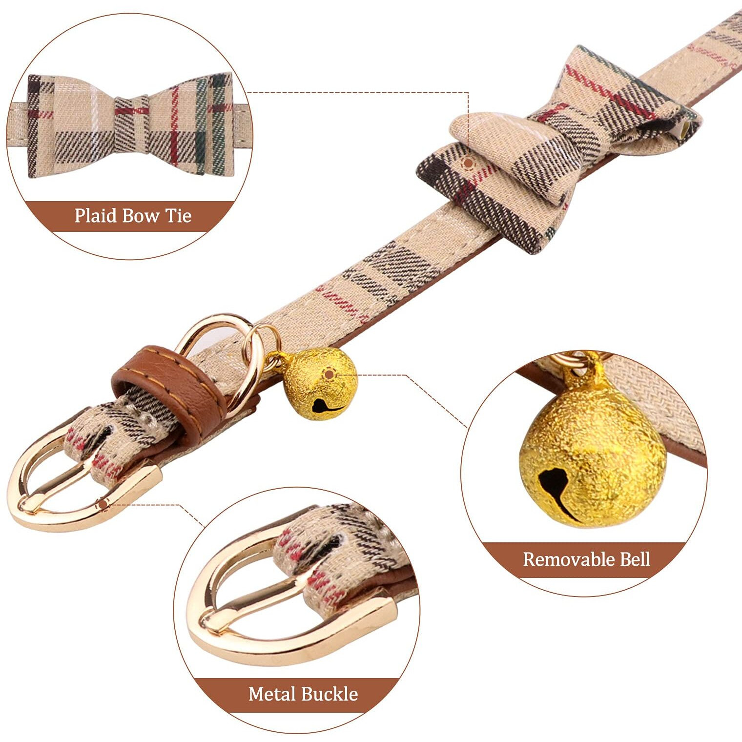 3 Pcs Dog Collars For Small Puppy Collar And Leash Set, Bow Tie With Bell, Bandana Leather For Small Dogs Puppies And Cats(Beige)