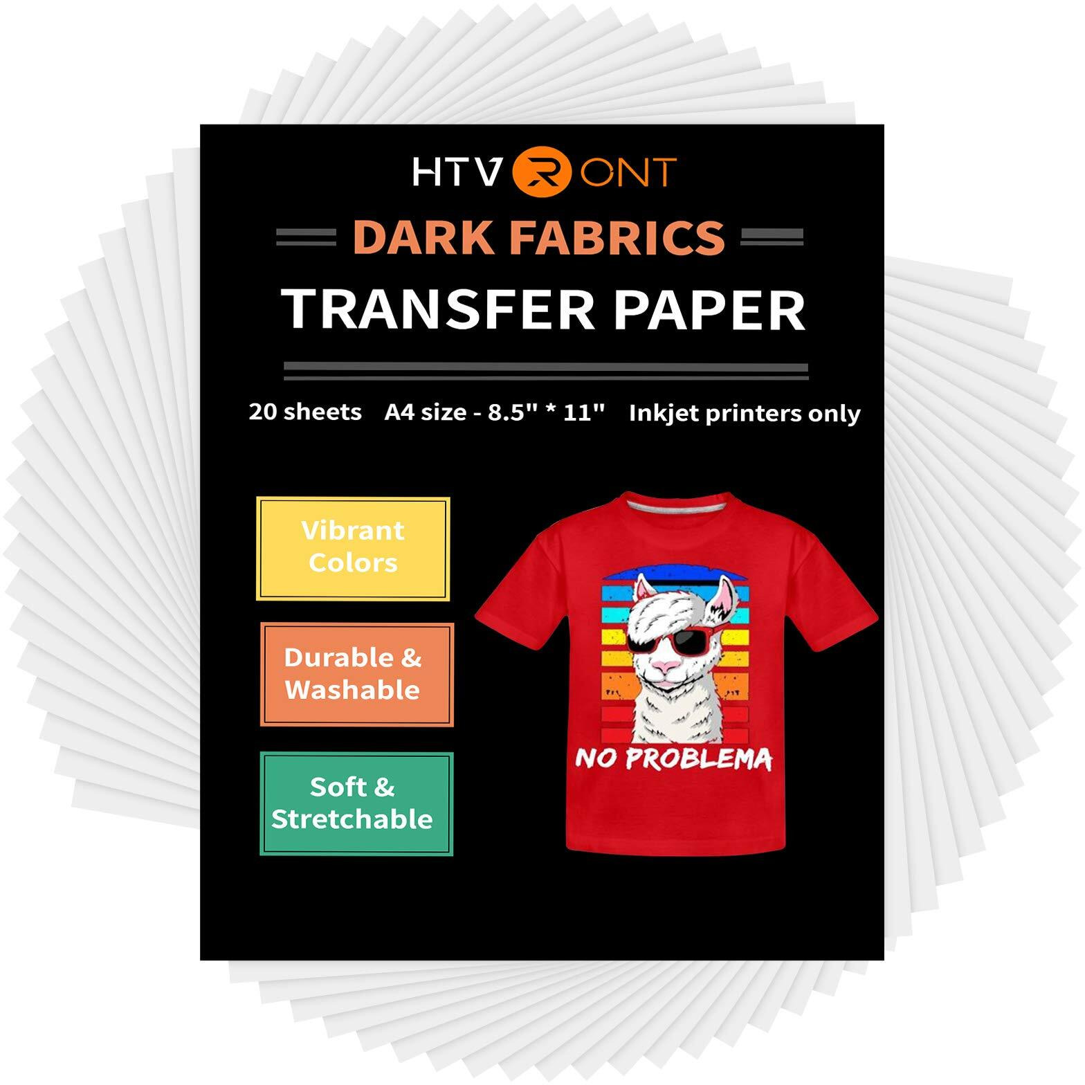 Htvront Heat Transfer Paper For T Shirts 20 Sheets, 8.5" X 11" Printable Heat Transfer Vinyl, Vivid Color & Durable Iron On Transfer Paper For Dark Fabric