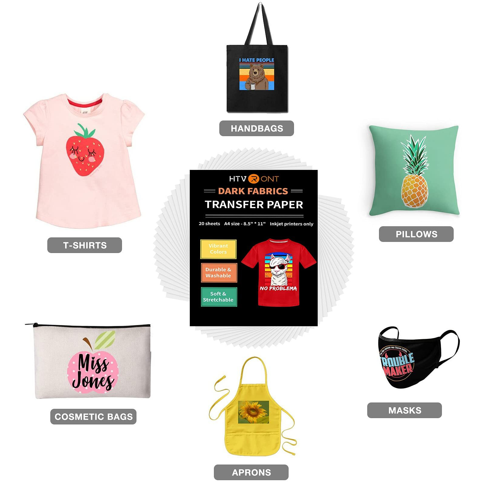 Htvront Heat Transfer Paper For T Shirts 20 Sheets, 8.5" X 11" Printable Heat Transfer Vinyl, Vivid Color & Durable Iron On Transfer Paper For Dark Fabric