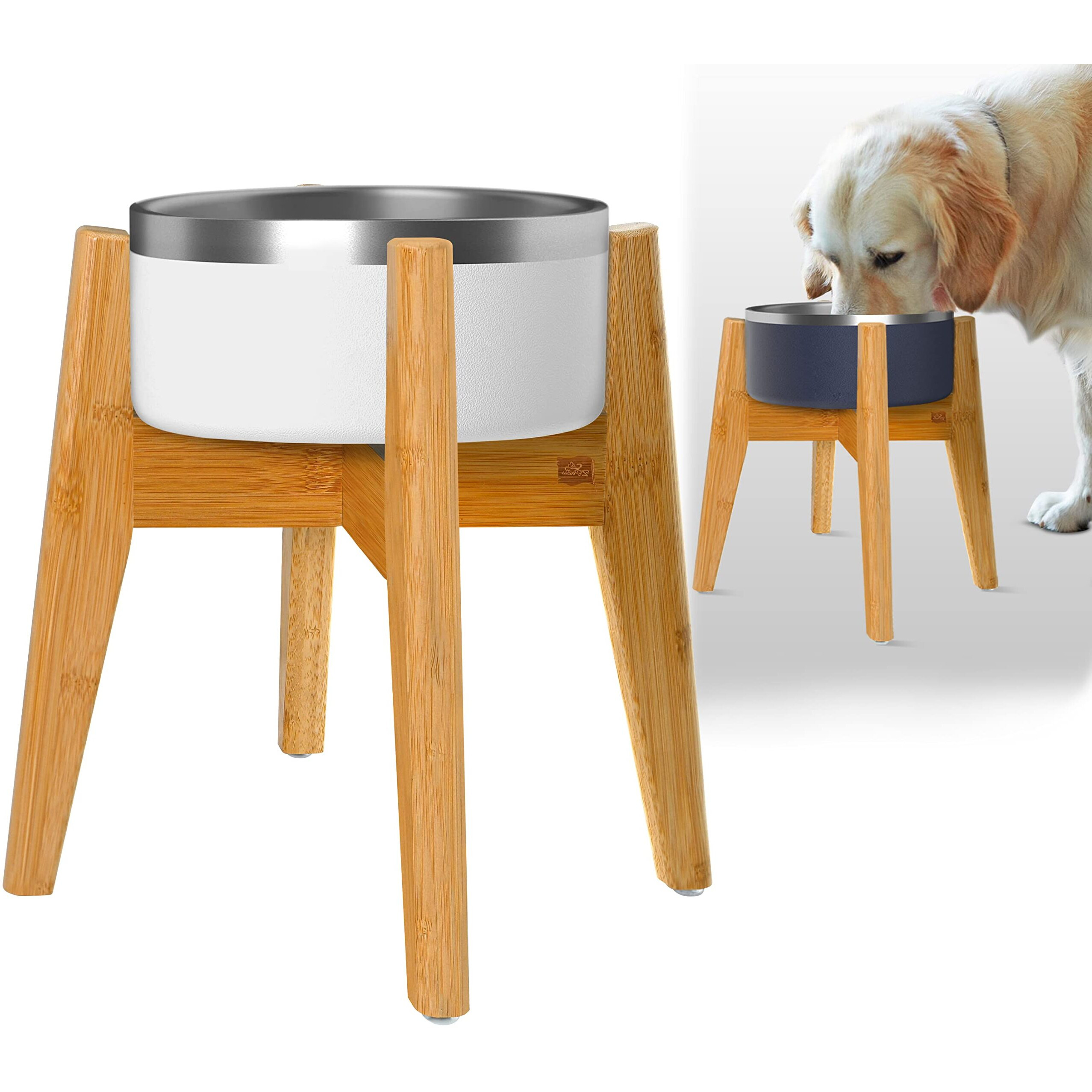 Dog Water Food Bowl Stand For Large Dogs - Holds 8 To 10-Inch Bowls Adjustable - Bamboo Holder For Raised Elevated Bowls - Slanted Legs
