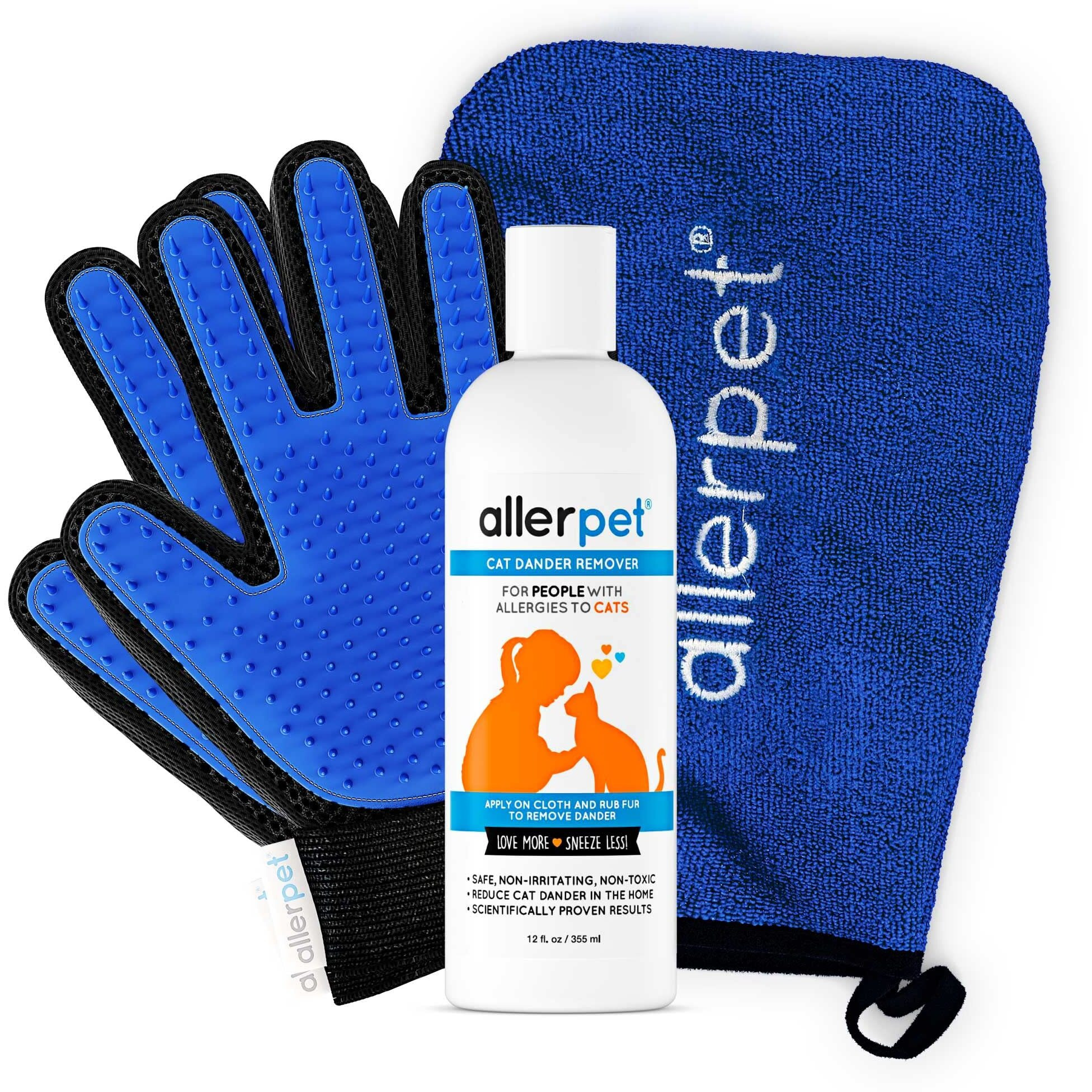 Allerpet Cat Dander Remover W/Free Pair Of Grooming Gloves And Mitt - Effective Cat Dander Reduction, Anti Allergen Solution Made In Usa - (12Oz)