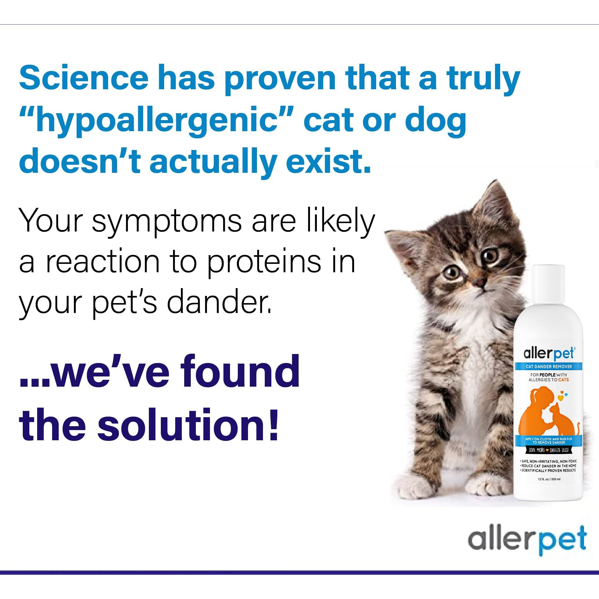 Allerpet Cat Dander Remover W/Free Pair Of Grooming Gloves And Mitt - Effective Cat Dander Reduction, Anti Allergen Solution Made In Usa - (12Oz)