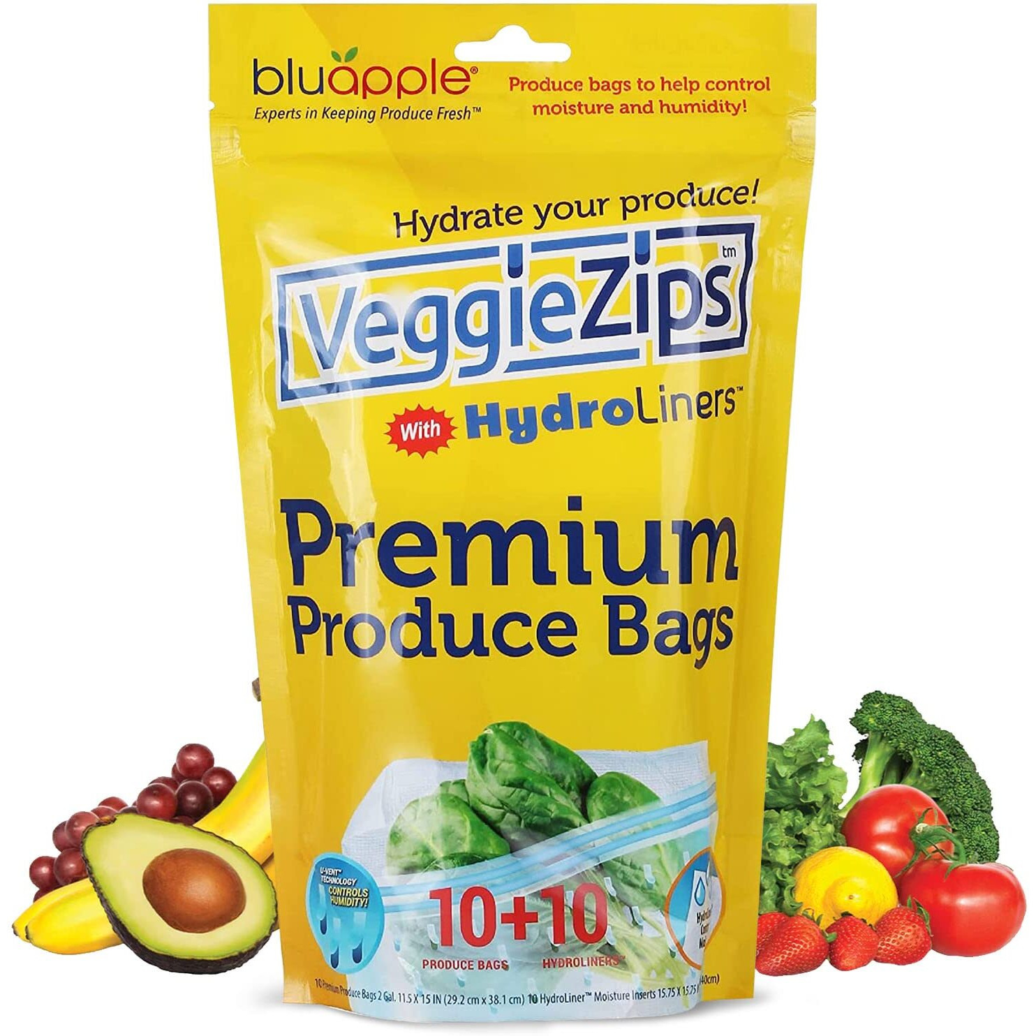 Bluapple Veggiezips Premium Produce Storage Bags - 10 Produce Food Saver Bags + 10 Hydroliners To Keep Produce Fresh Longer - Washable & Reusable Bags For Humidity Control For Fruits And Vegetables