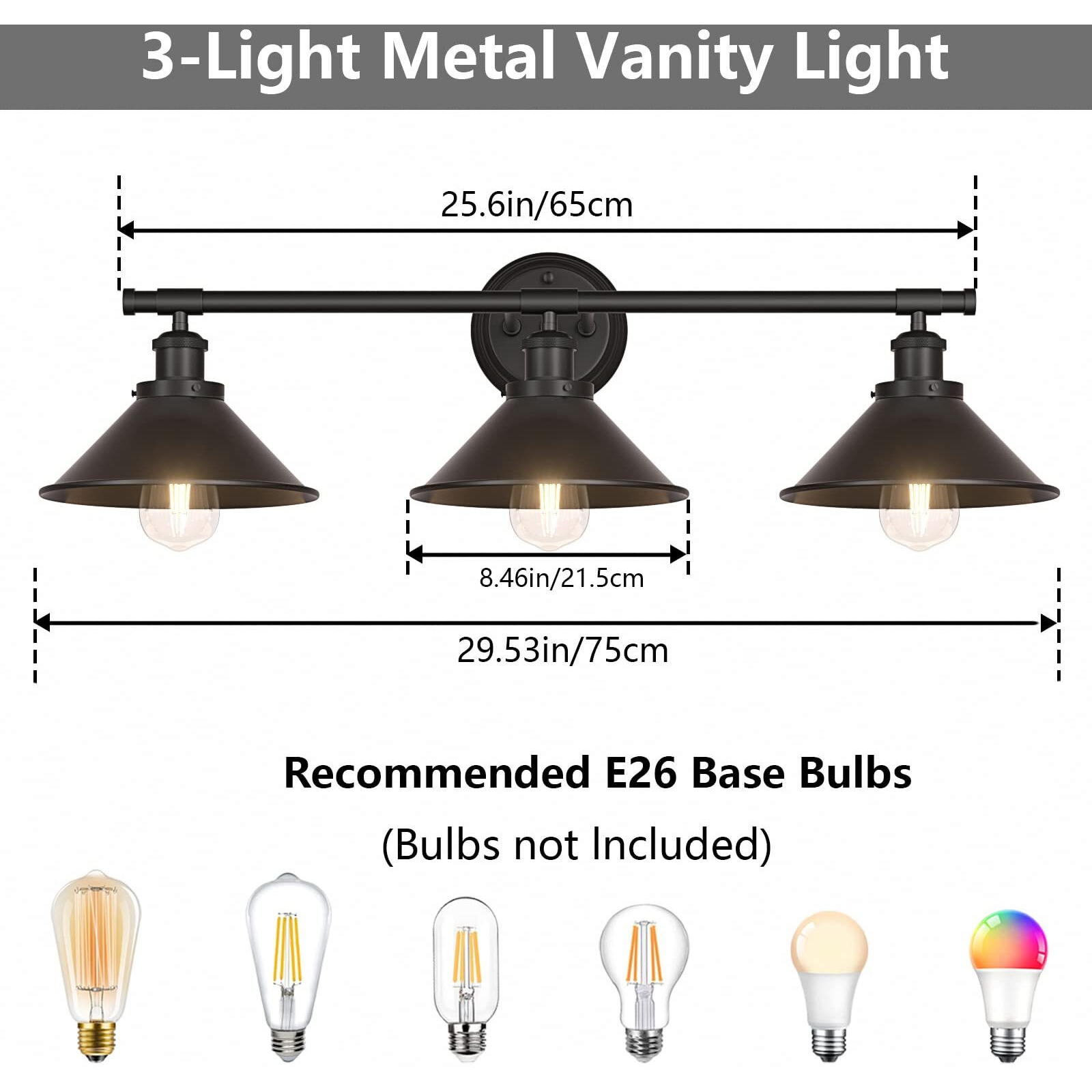 Licperron 3-Light Black Bathroom Vanity Light Fixtures Over Mirror, Farmhouse Vanity Wall Sconce Lighting With Metal Shade, Indoor Wall Mounted Lamp For Bathroom Mirror Cabinet Living Room