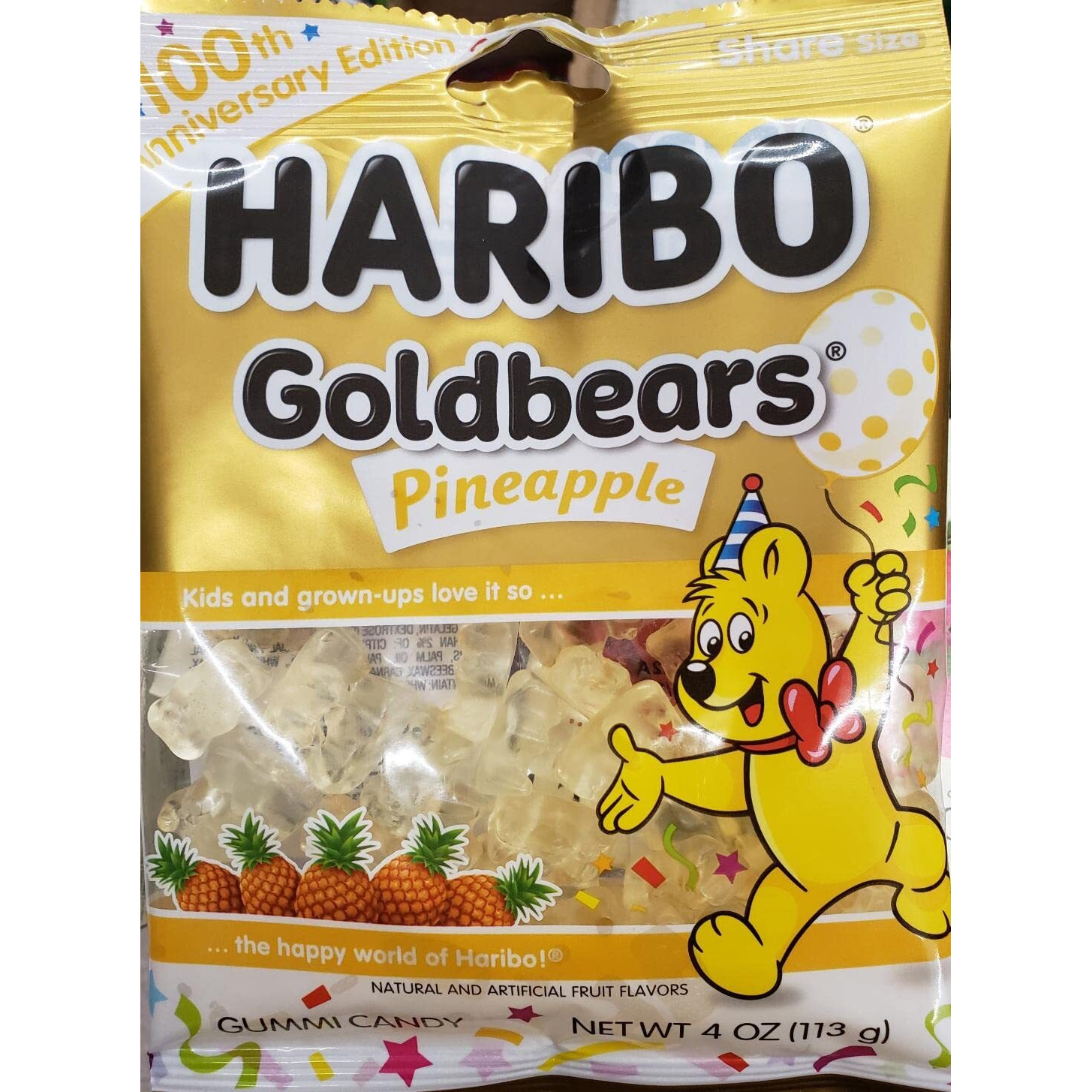 Haribo All Pineapple Goldbears 100Th Anniversary Edition Net Wt 4Oz (113G) Shar Size Gummy Candy Limited Edition Flavor