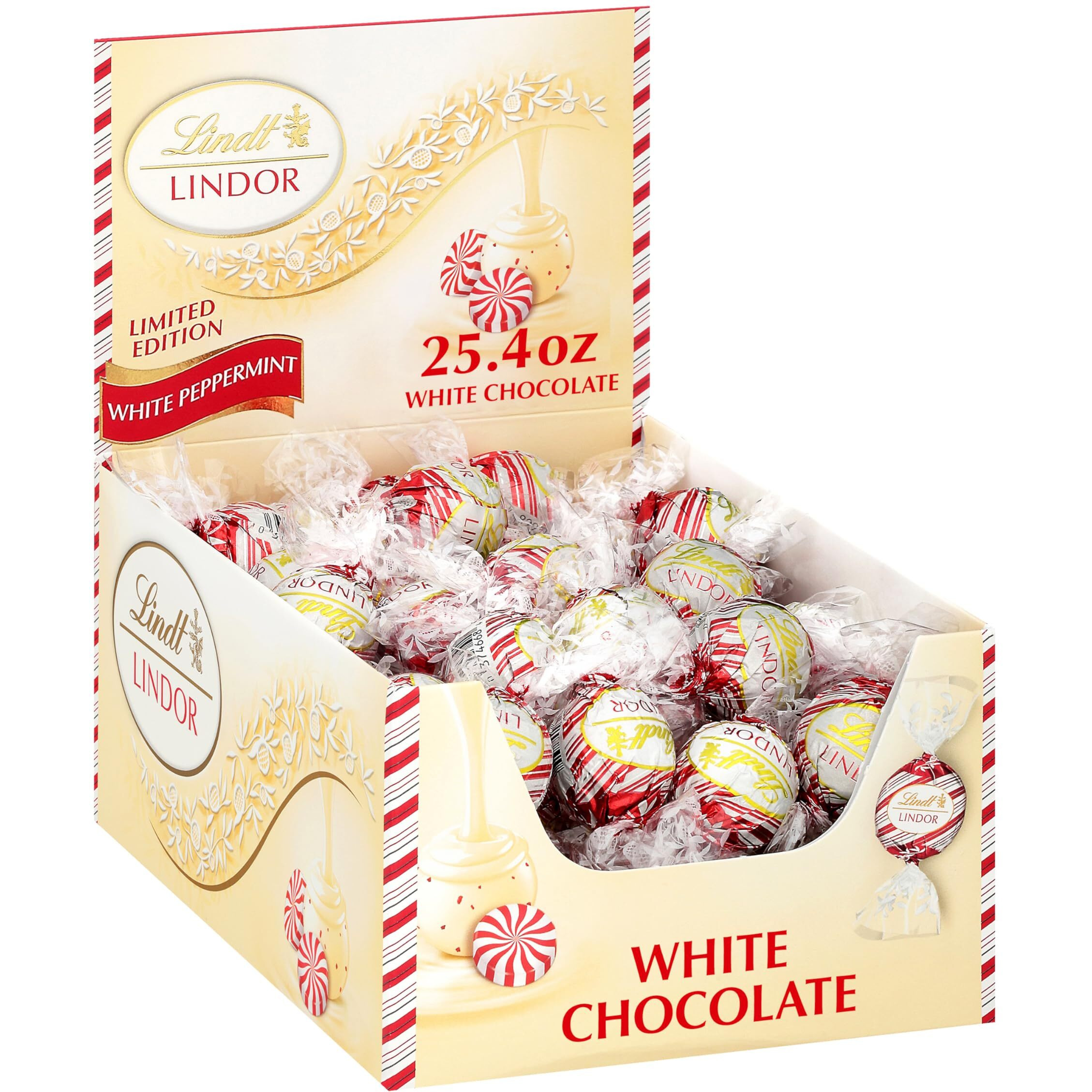 Lindt Lindor White Chocolate Peppermint Truffles, White Chocolate Candy With Smooth Peppermint Truffle Center, 25.4 Oz., 60 Count