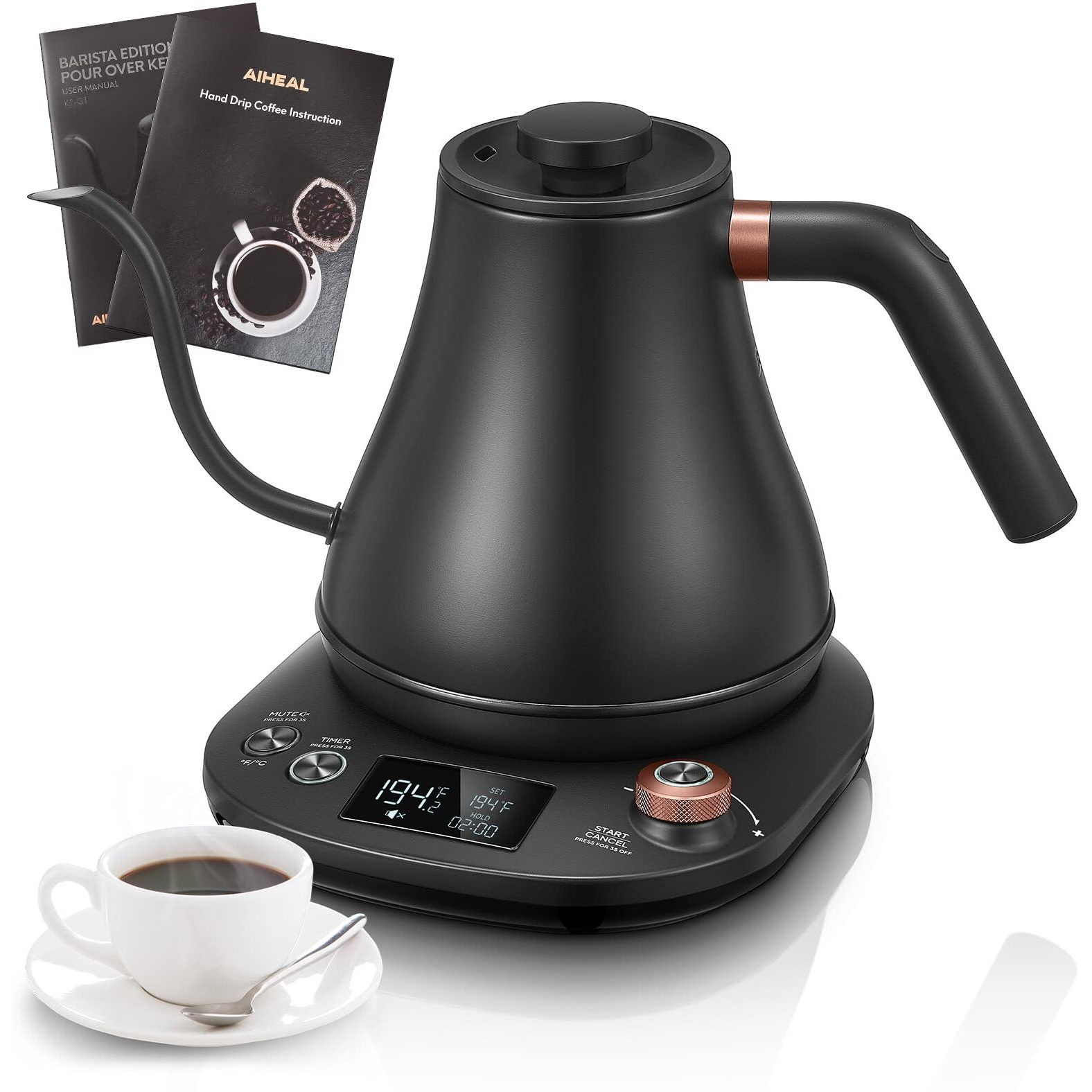 Electric Gooseneck Kettle With Precise 1 Temperature Control, Aiheal Pour Over Coffee Tea Kettle,1200W Rapid Heating, Temperature Holding, 100% Stainless Steel Inner, 08L, Matt Black