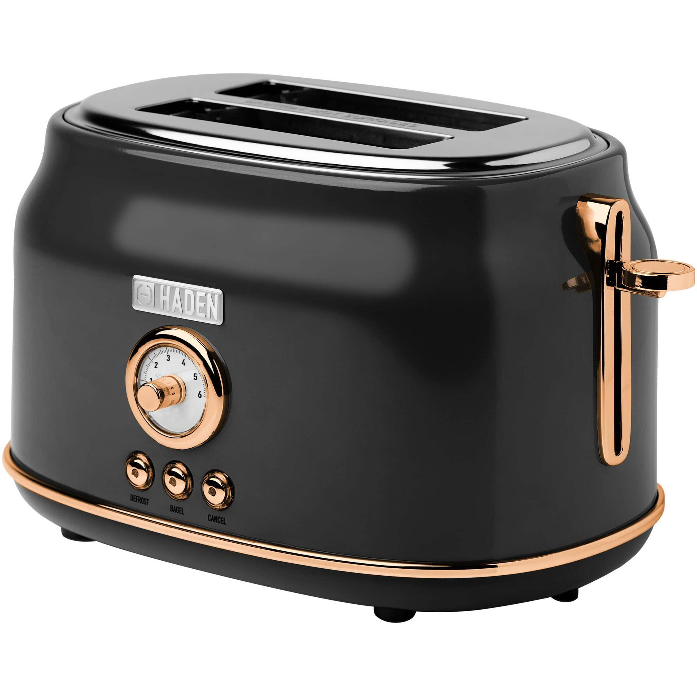 Haden Dorset, Stainless Steel Retro Toaster With Adjustable Browning Control And Cancel, Defrost And Reheat Settings (Black/Copper, 2 Slice)