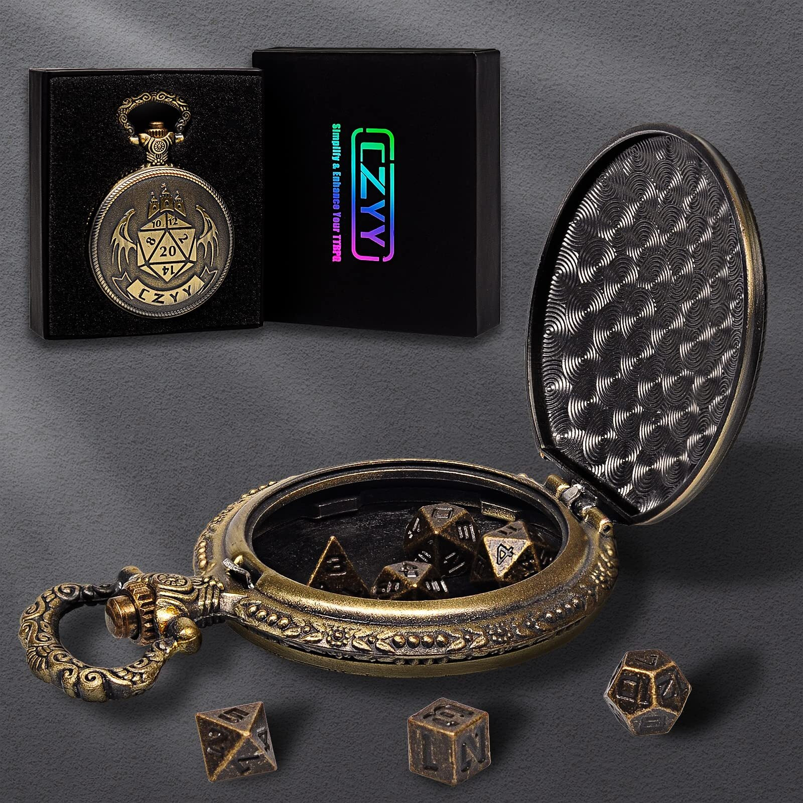 Dnd 6Mm Micro Polyhedral Dice Set With Pocket Watch Shell Case Perfect For Dungeons And Dragons, Tabletop Rpg And Cards Board Games (Bronze)