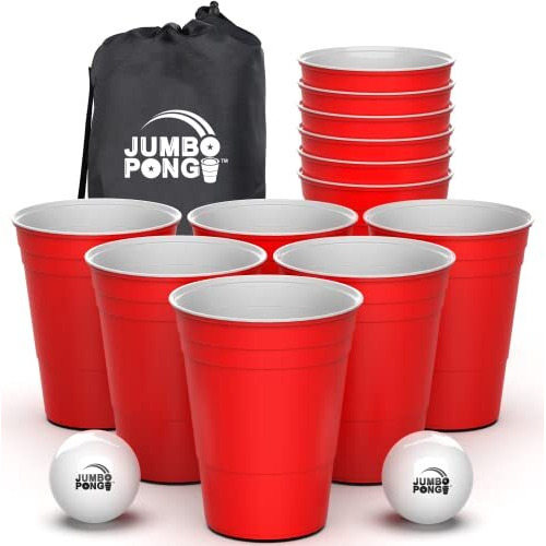 Jumbo Pong - Giant Yard Pong Game For Outdoor Lawn Backyard Camping Tailgating Or Beach - Durable Giant Cups With Indooroutdoor Ball And Pump Included