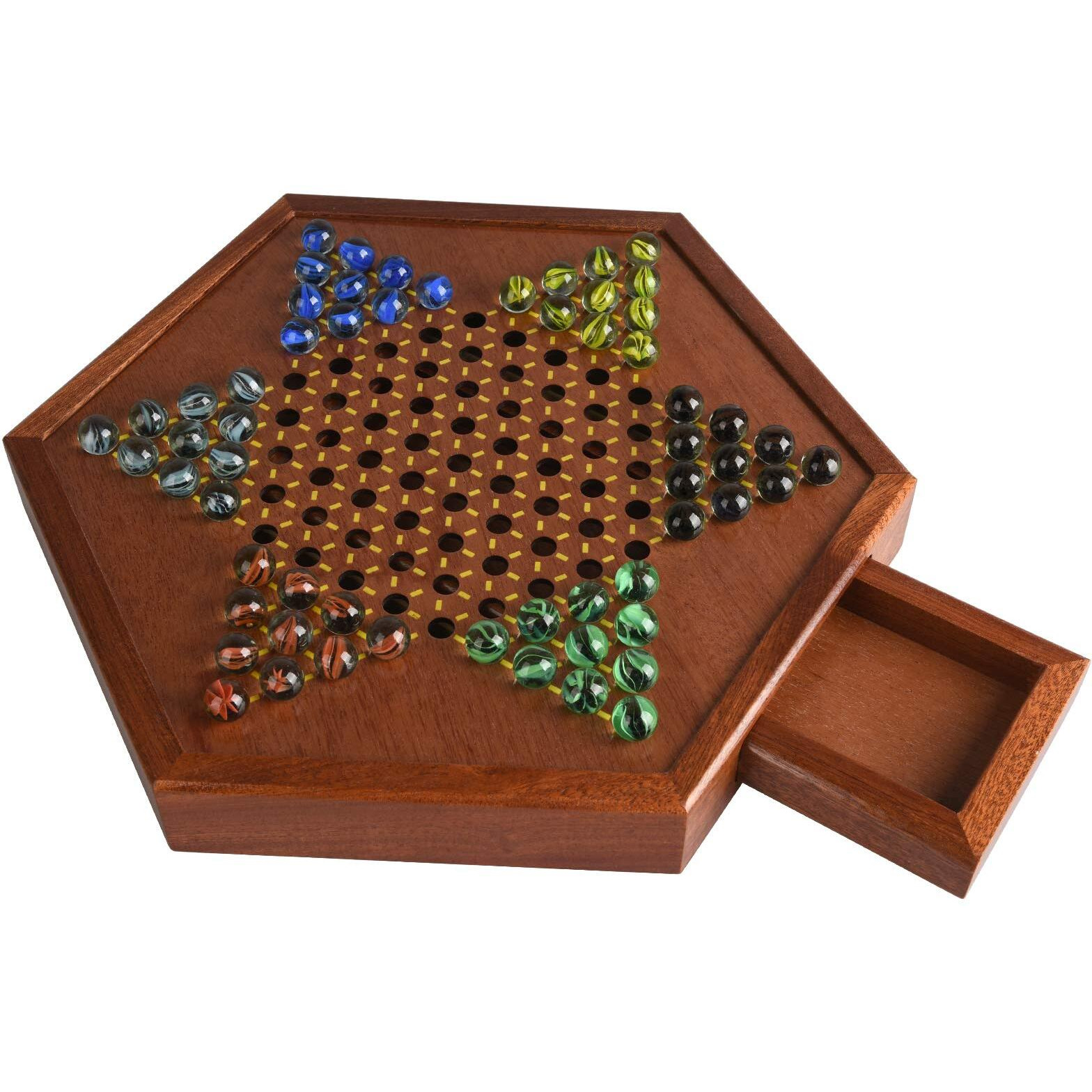 Wooden Chinese Checkers With Drawers  12.7 Inches Natural Wooden Board Game Includes 60 Colorful Glass Marbles  All Ages Classic Strategy Game
