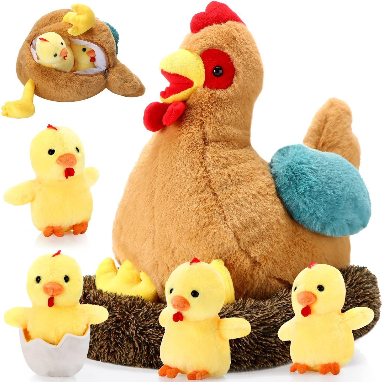 9.84 Inch Plush Egg Laying Hen Chicken With Zippered Belly Henhouse And 4 Little Baby Chicks Inside Egg Stuffed Chicken Plush Toy For Christmas Stocking Stuffers Birthday Party Decoration Supplies
