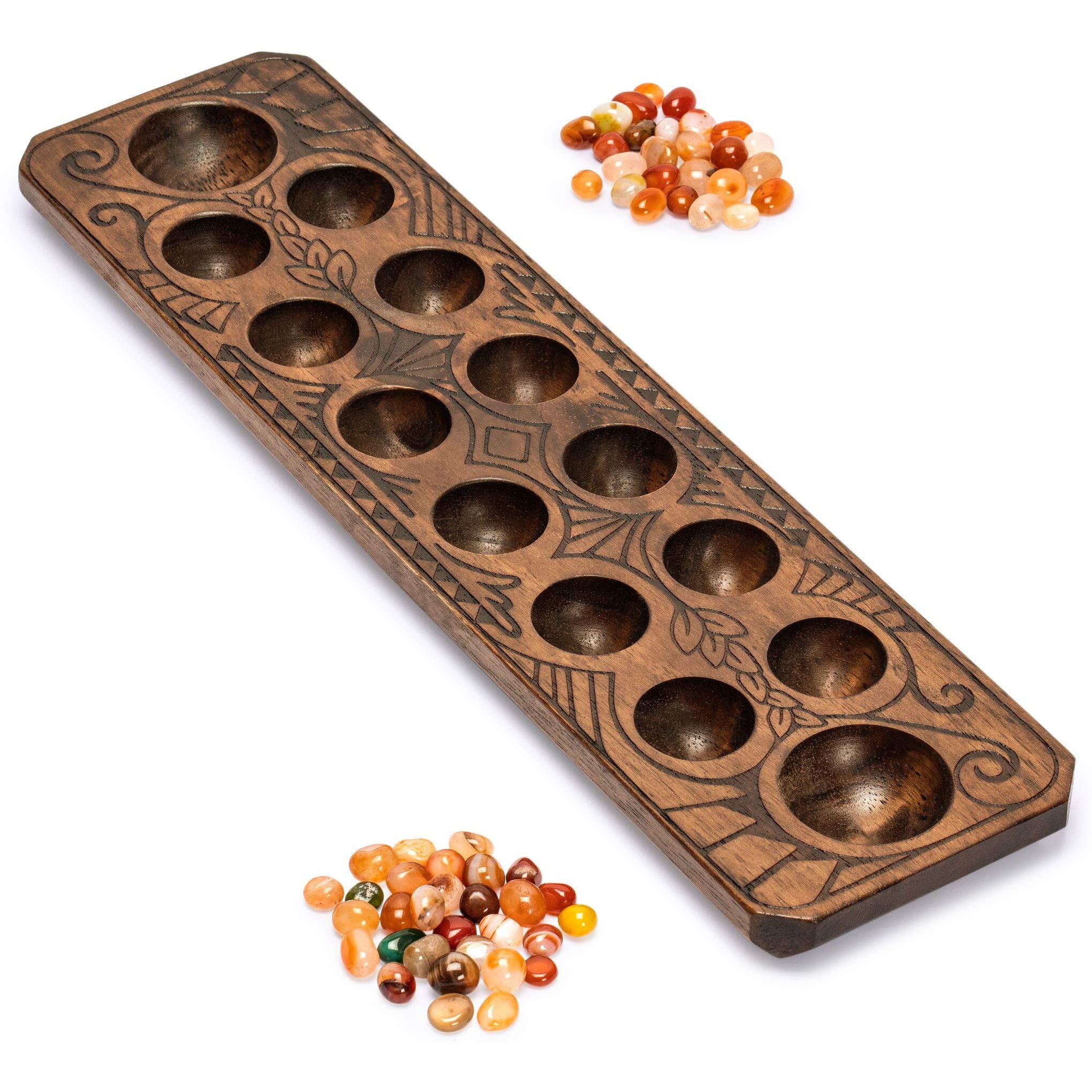 Yellow Mountain Imports Mancala Set With 17.3-Inch Solid Wood Board And Quartz Pebble Playing Pieces