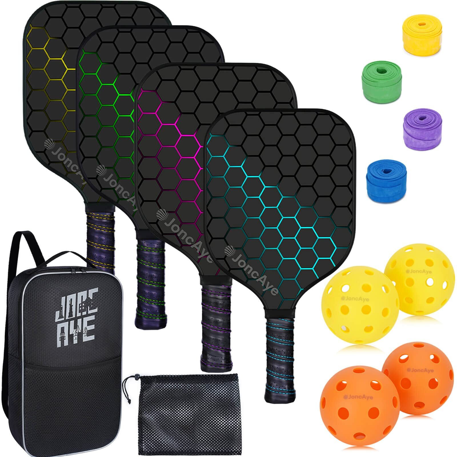 Pickleball Paddles Set Of 4 Incl 4 Fiberglass Pickleball Rackets, 4 Balls 1 Pickleball Bag 4 Grip Tapes, Joncaye Pickleball Set For Outdoor And Indoor, Pickle Ball Raquette Set With Accessories