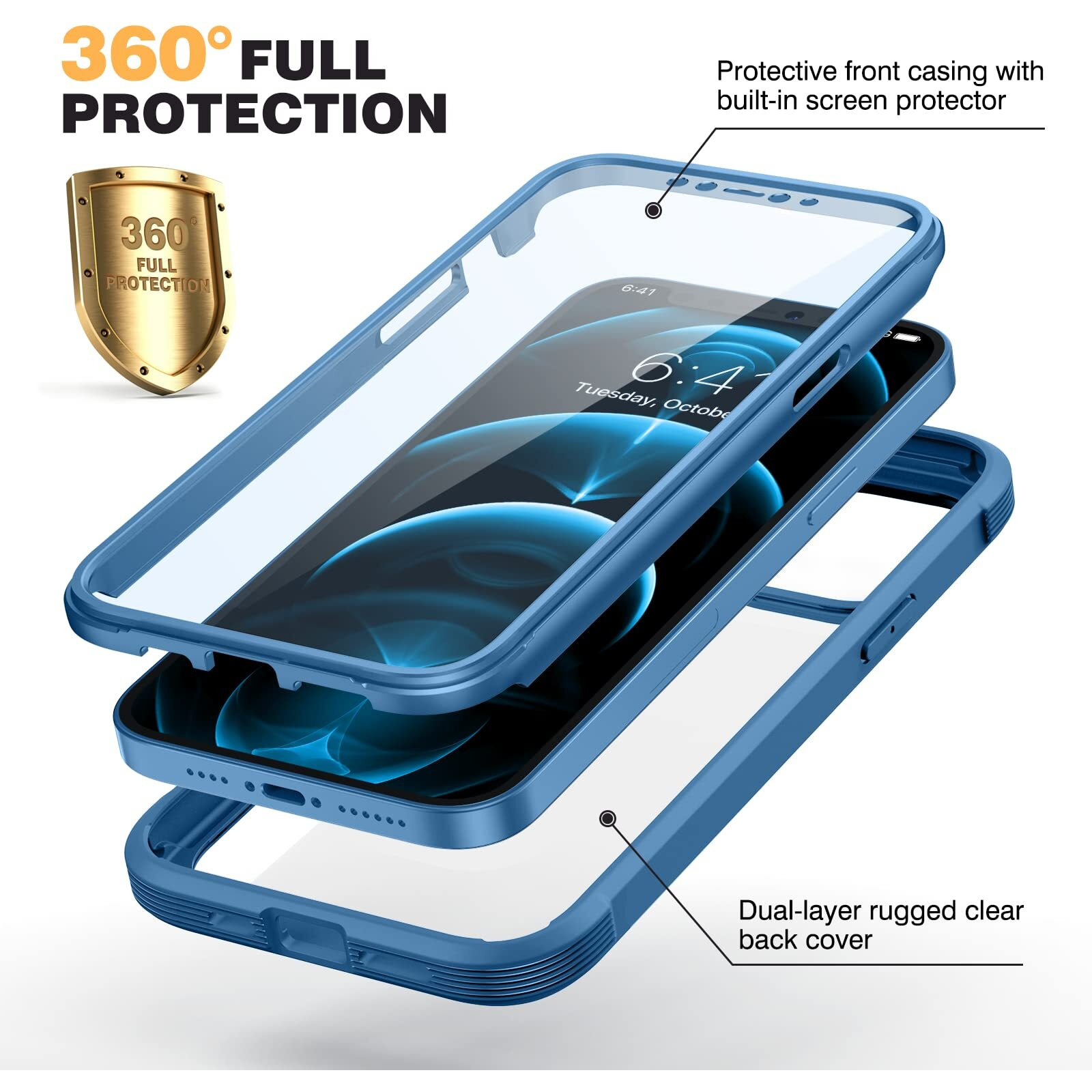 Miracase Designed For Iphone 12 Pro Max Case, Full Body Rugged Case With Built-In Touch Sensitive Anti-Scratch Screen Protector, Soft Tpu Case Compatible With Iphone 12 Pro Max 6.7", Water Blue