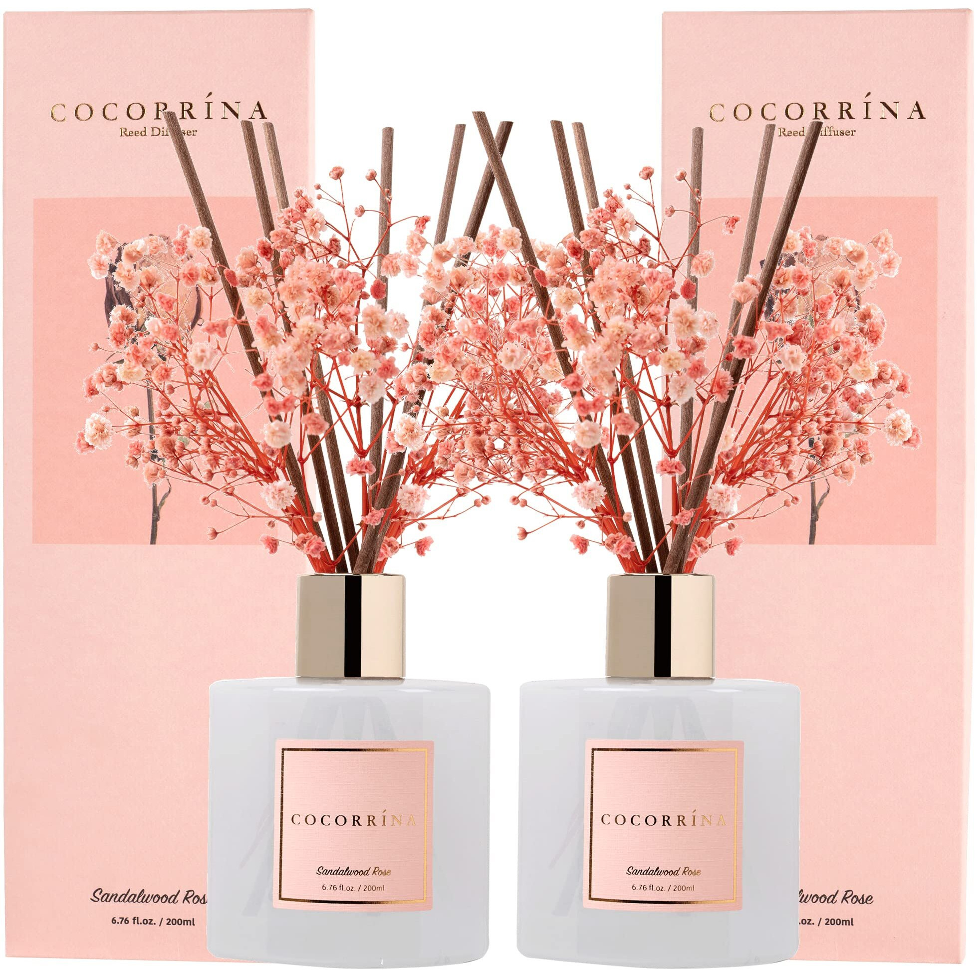 Cocorrna Premium Reed Diffuser Set With Preserved Baby's Breath & Cotton Stick Sandalwood Rose 2 Packs, 6.7Oz Scent Fragrance Oil Diffuser For Bedroom Bathroom Home Dcor