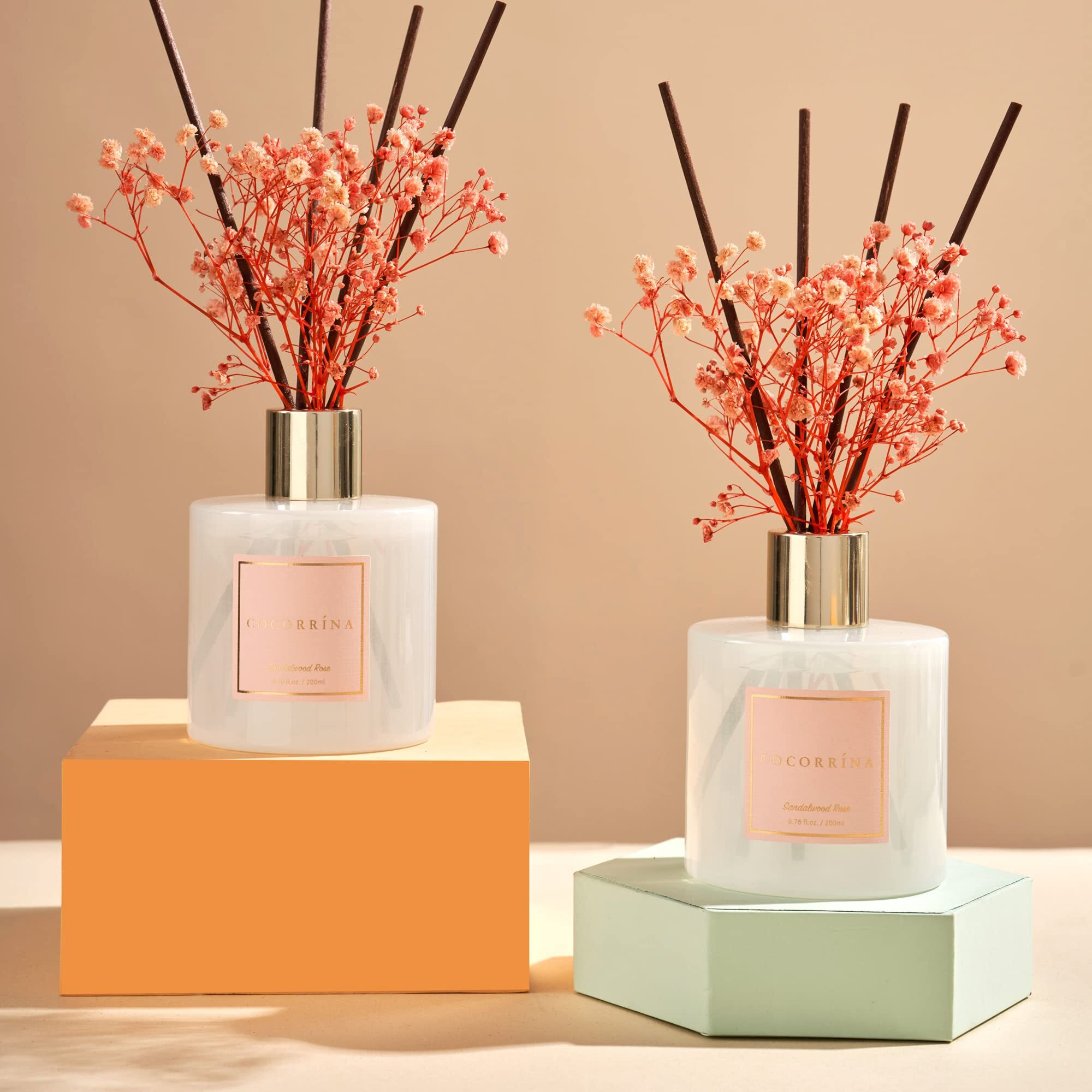 Cocorrna Premium Reed Diffuser Set With Preserved Baby's Breath & Cotton Stick Sandalwood Rose 2 Packs, 6.7Oz Scent Fragrance Oil Diffuser For Bedroom Bathroom Home Dcor