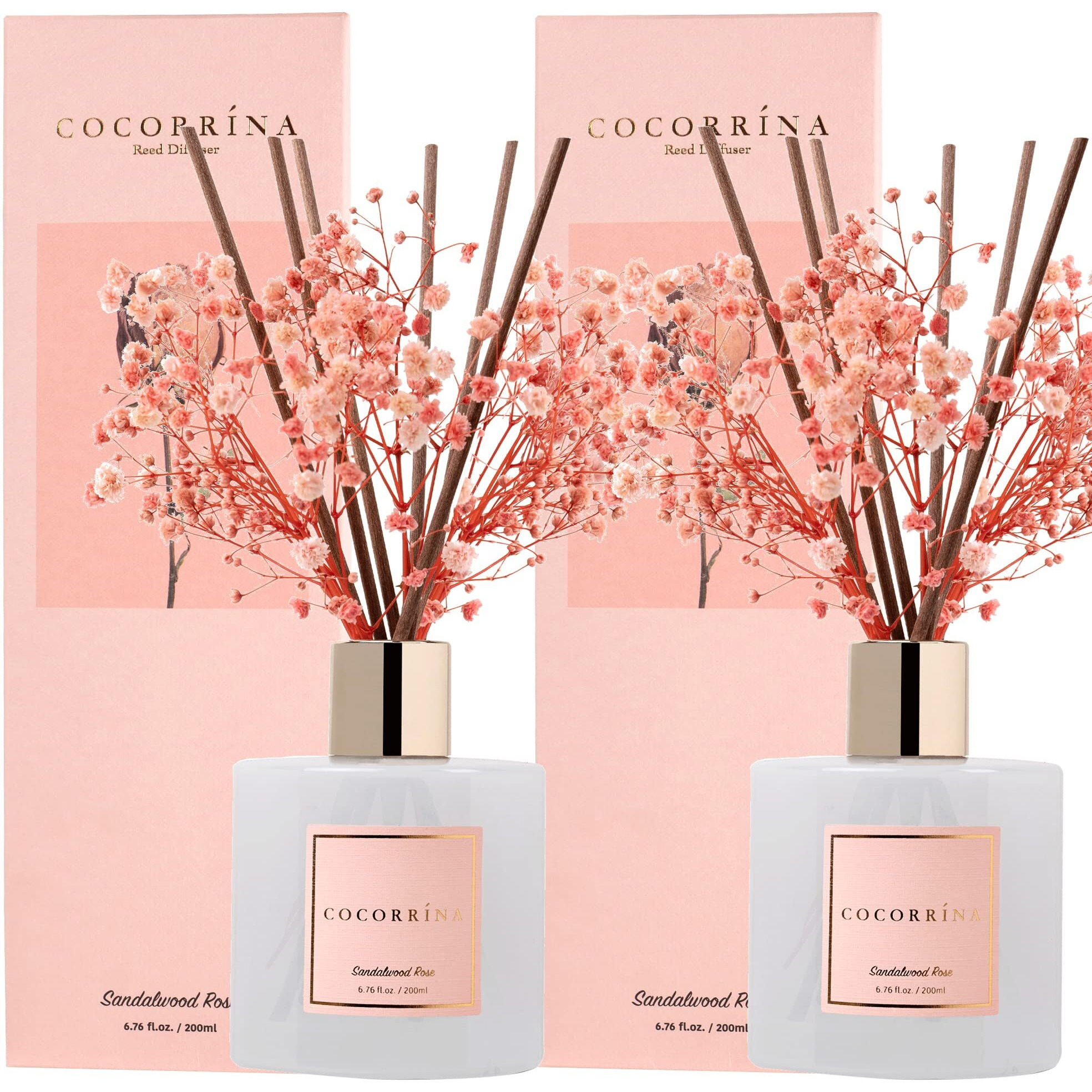 Cocorrna Premium Reed Diffuser Set With Preserved Baby's Breath & Cotton Stick Sandalwood Rose 2 Packs, 6.7Oz Scent Fragrance Oil Diffuser For Bedroom Bathroom Home Dcor