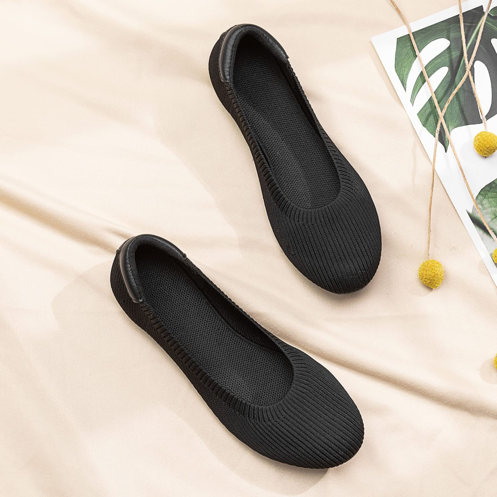 Frank Mully Womens Knit Ballet Flat Round Toe Slip On Flats Shoes Classic Low Wedge Ballerina Walking Flats Shoes Black, 9.5