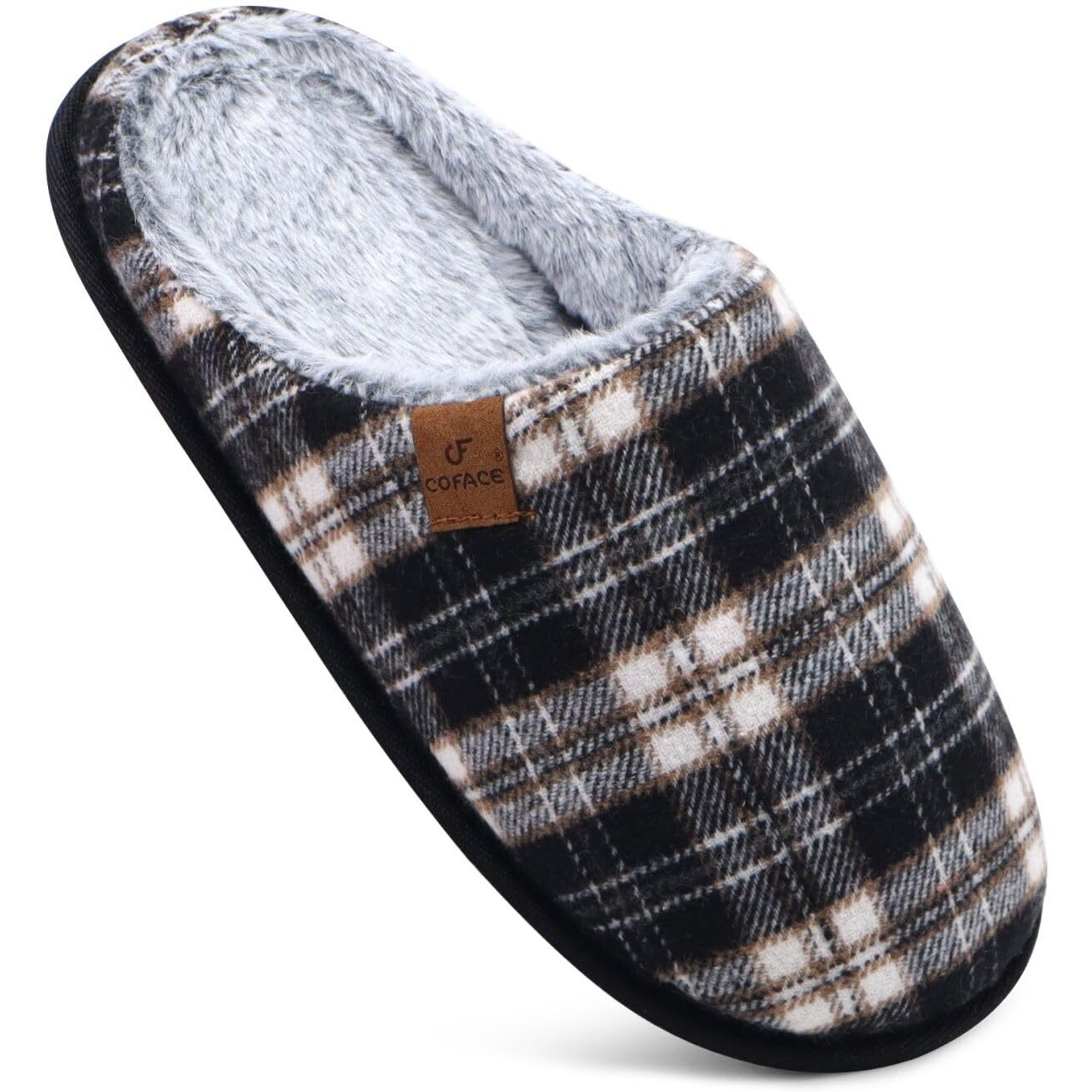 Coface Womens Mens Cozy Memory Foam Fuzzy Slippers Slip On Warm House Shoes Indoor/Outdoor With Arch Support Black White