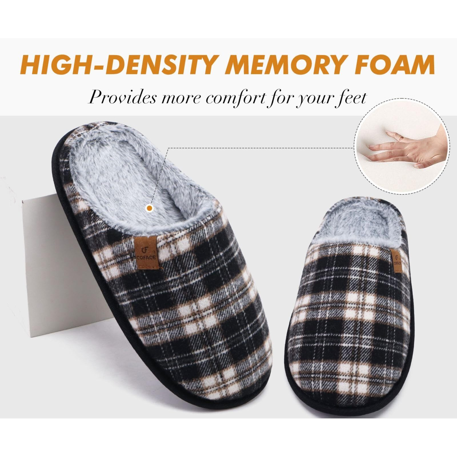 Coface Womens Mens Cozy Memory Foam Fuzzy Slippers Slip On Warm House Shoes Indoor/Outdoor With Arch Support Black White