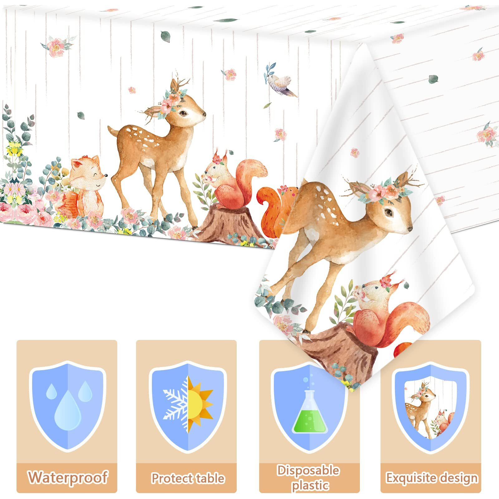 3 Pieces Woodland Tablecloths Baby Shower Decorations For Girl Floral Woodland Creatures Plastic Table Covers Forest Wild Creatures Animal Friends Table Decoration For Birthday Party Supplies
