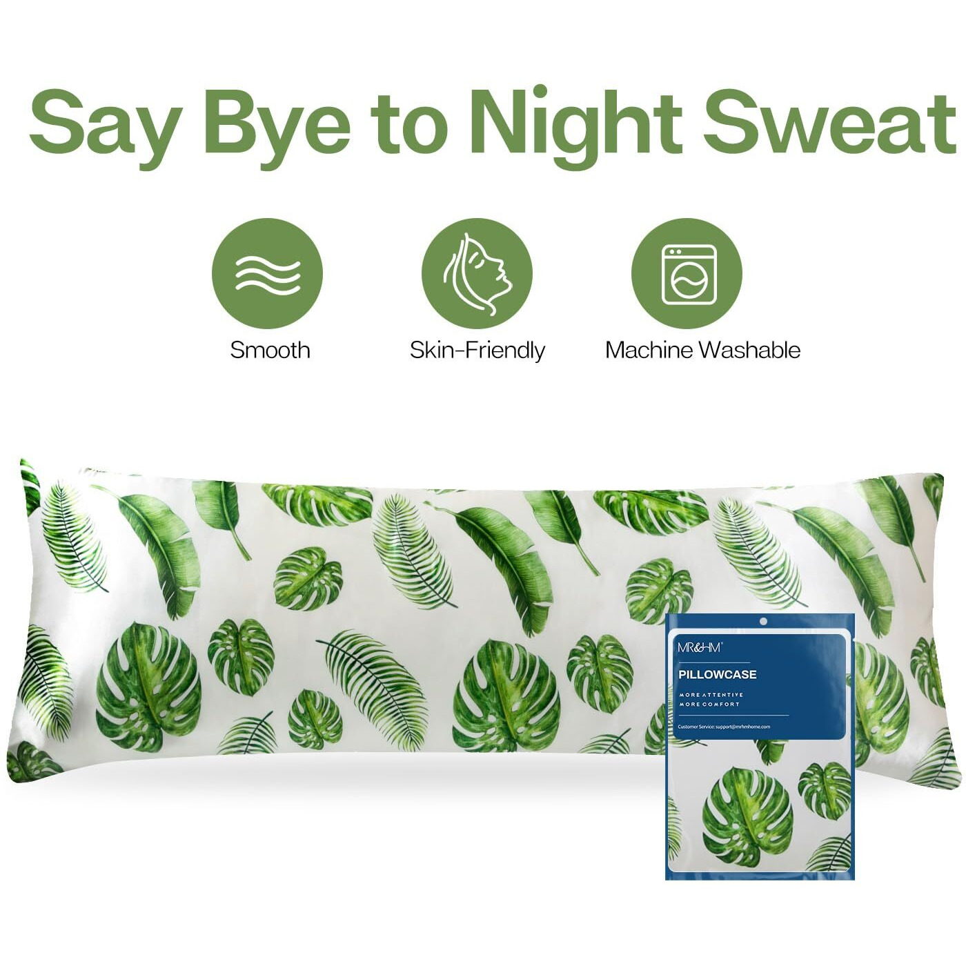 Mr&Hm Satin Body Pillow Cover, 20X54 Inches Body Pillow Case For Adults, Silk Satin Cooling Body Pillow Pillowcase With Envelope Closure (20X54, Leaves)