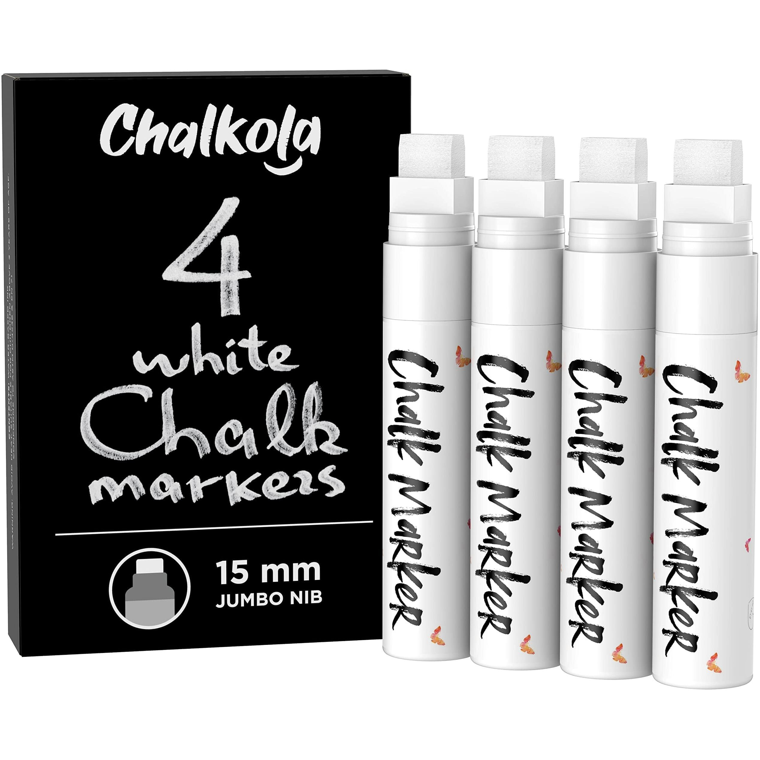 White Jumbo Chalk Markers - 15Mm Window Markers | Pack Of 4 White Pens - Use On Cars, Chalkboard, Whiteboard, Blackboard, Glass, Bistro | Loved By Teachers, Artists, Businesses