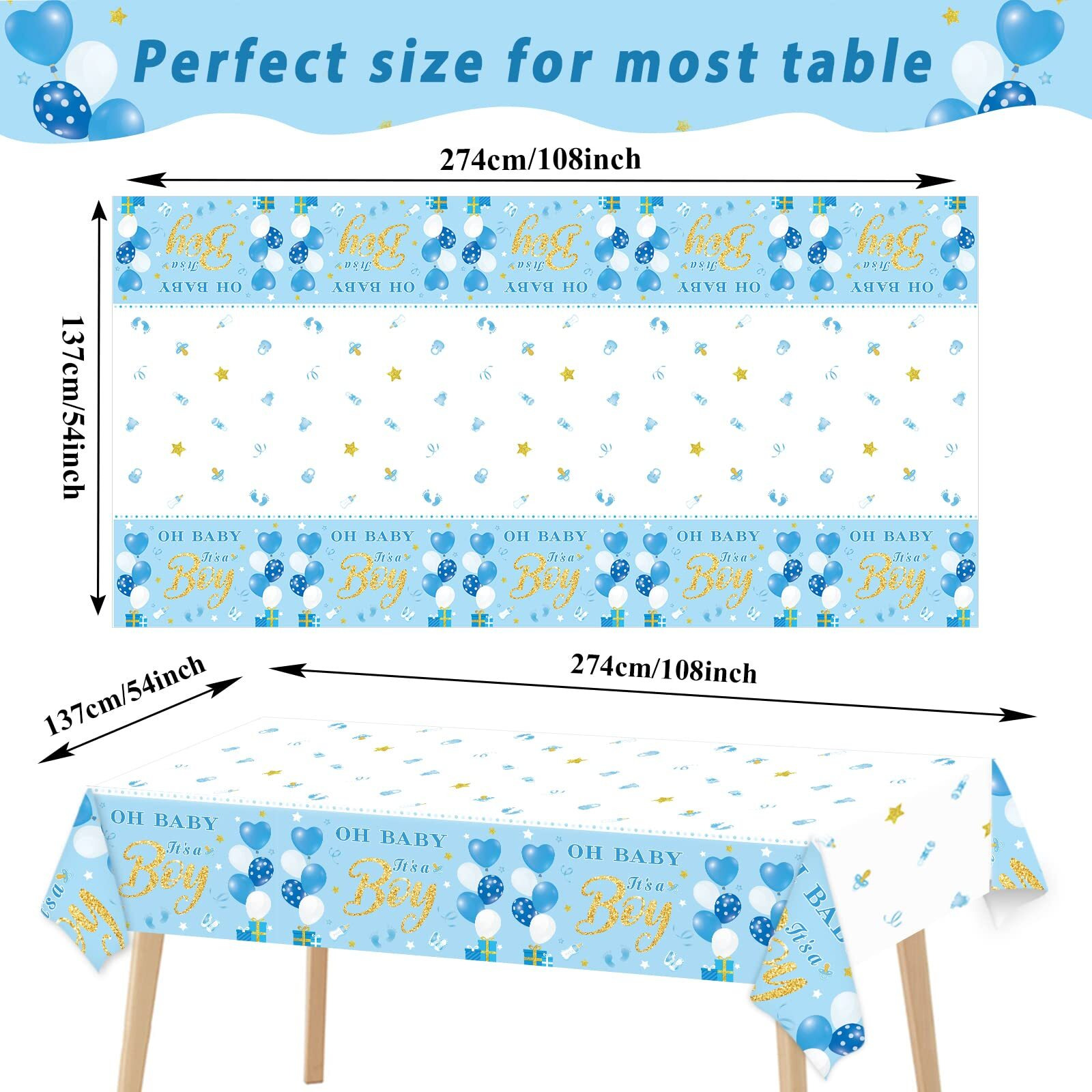 3 Pack Baby Shower Tablecloths Plastic Blue Baby Boy Shower Decorations Gender Reveal Party It's A Boy Table Covers For Baby Boy Birthday Shower Party Supplies, 54 X 108 Inch