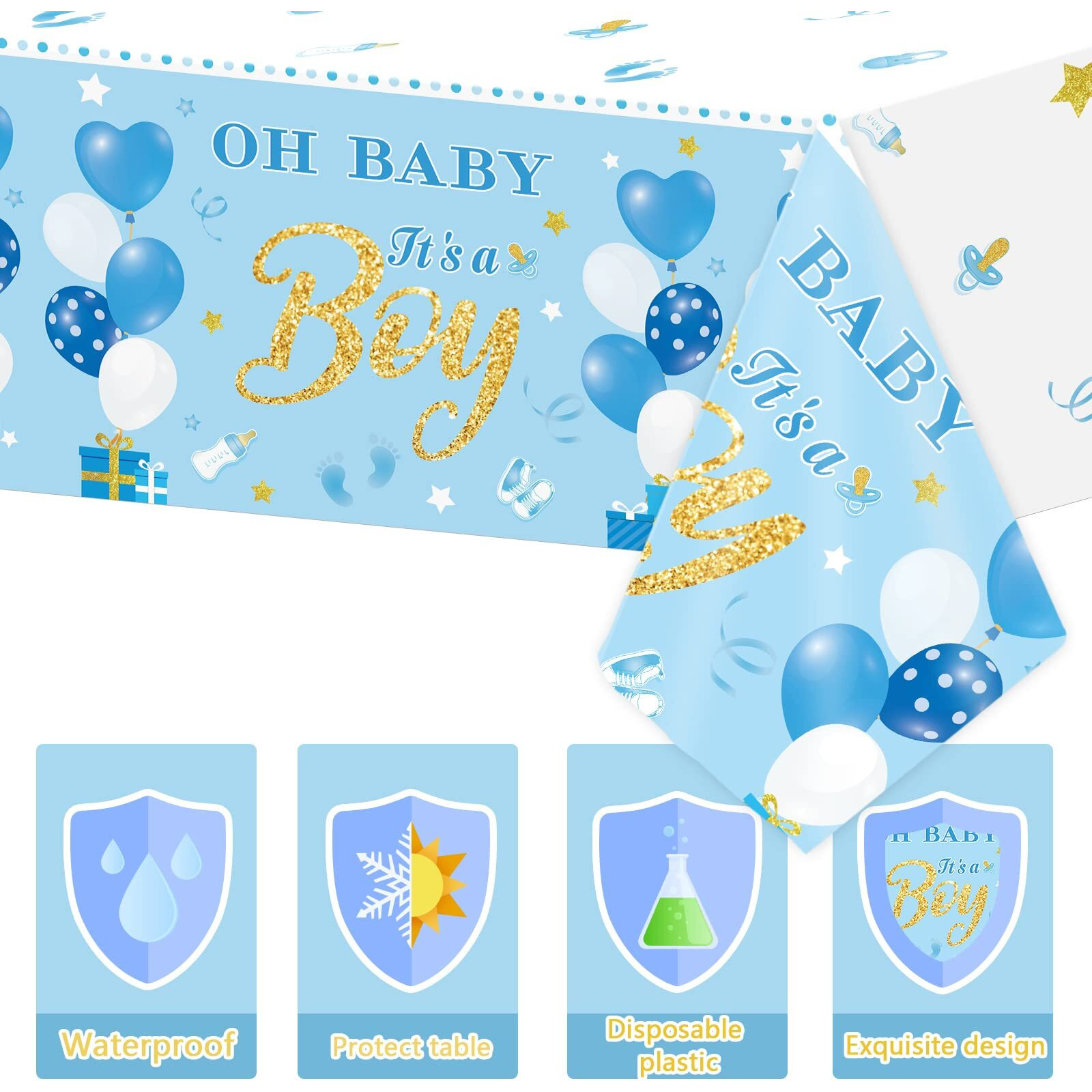 3 Pack Baby Shower Tablecloths Plastic Blue Baby Boy Shower Decorations Gender Reveal Party It's A Boy Table Covers For Baby Boy Birthday Shower Party Supplies, 54 X 108 Inch