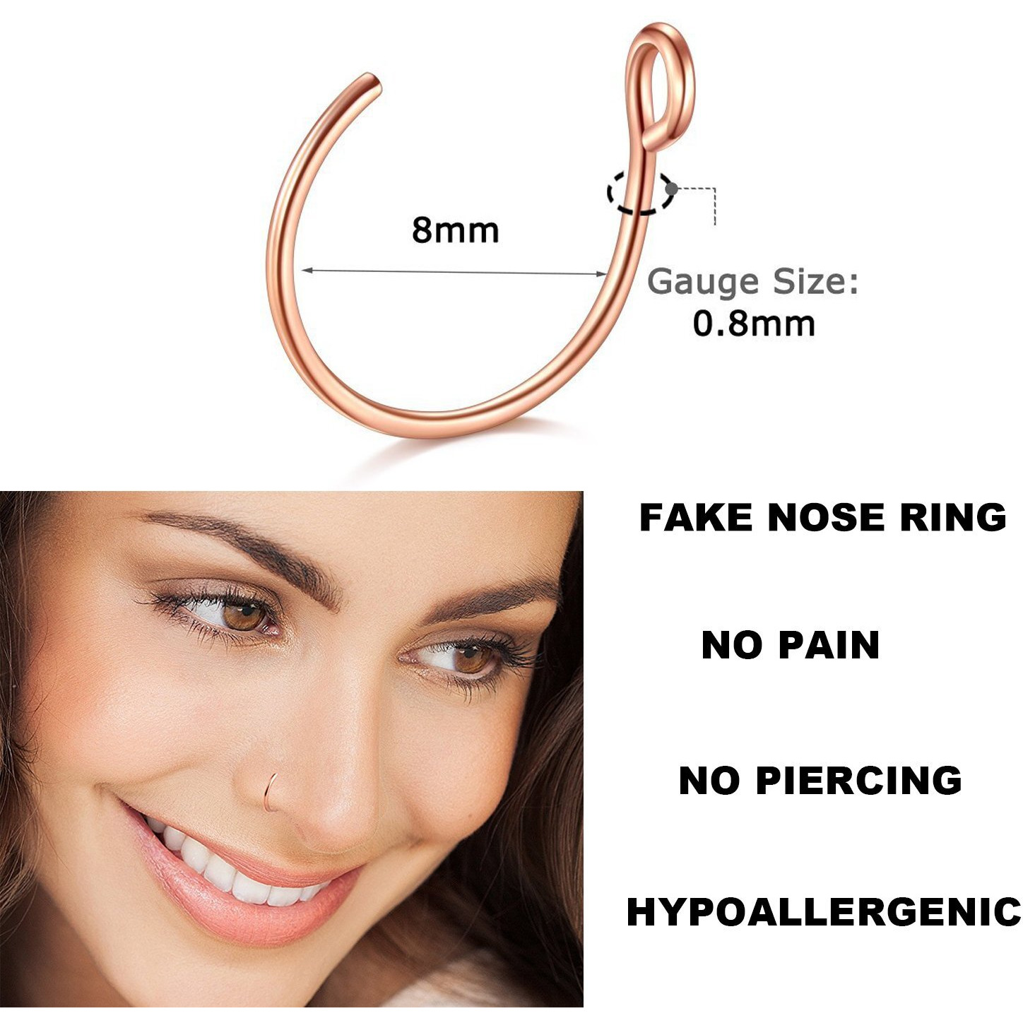 D.Bella Fake Nose Ring, 20G Faux Piercing Jewelry 8Mm Fake Nose Ring Hoop For Faux Lip Septum Nose Ring Set