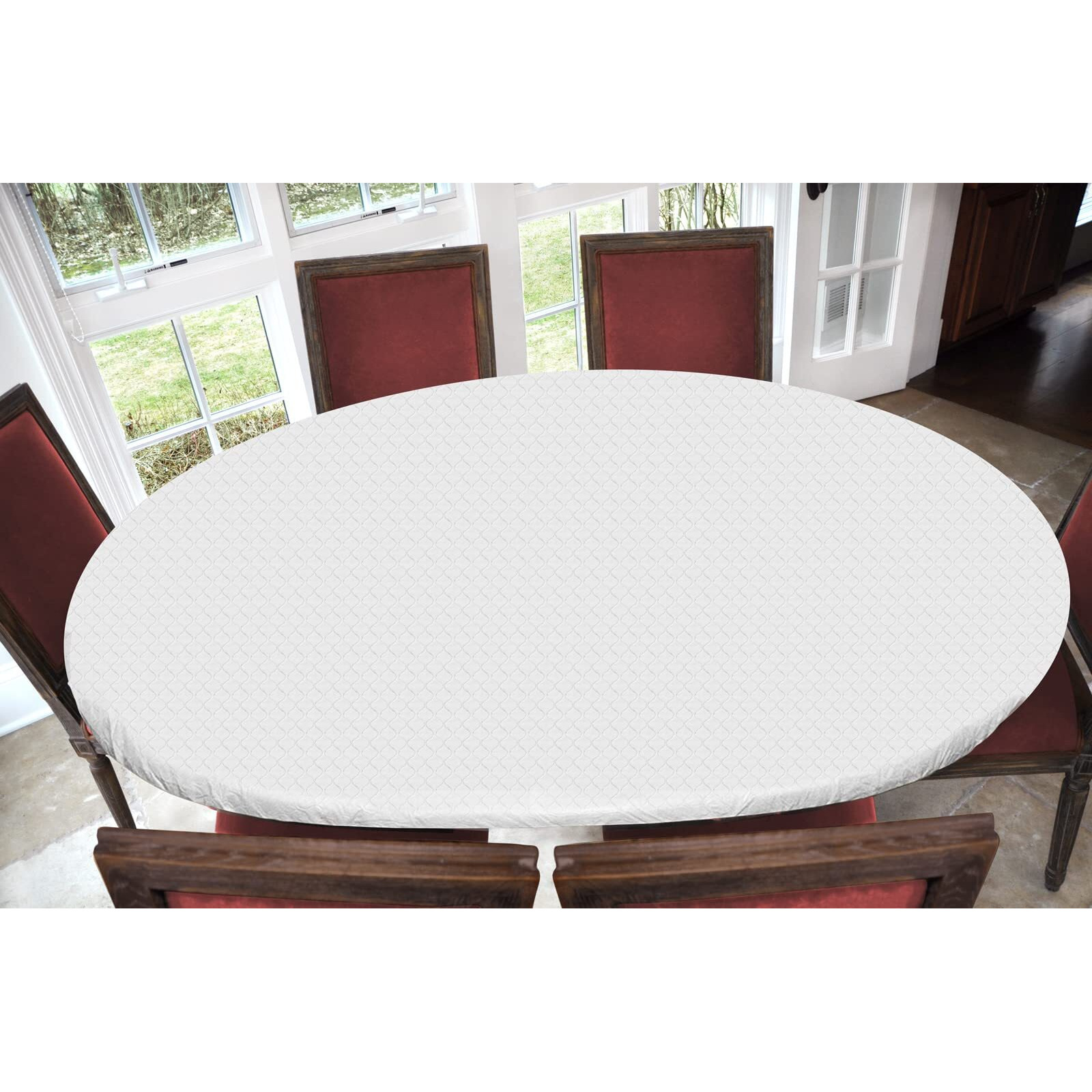 Covers For The Home Deluxe Elastic Edged Flannel Backed Vinyl Fitted Table Cover - Quilted White Pattern - Oblongoval - Fits Tables Up To 48 W X 68 L