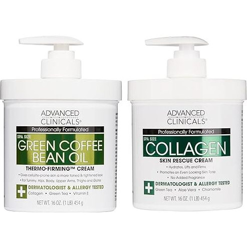 Advanced Clinicals Unscented Collagen Body Cream & Face Moisturizer + Green Coffee Bean Oil Thermo - Firming Body Cream For Women & Men Helps Reduce Appearance Of Cellulite Prone Skin & Dry Skin, 2Pc