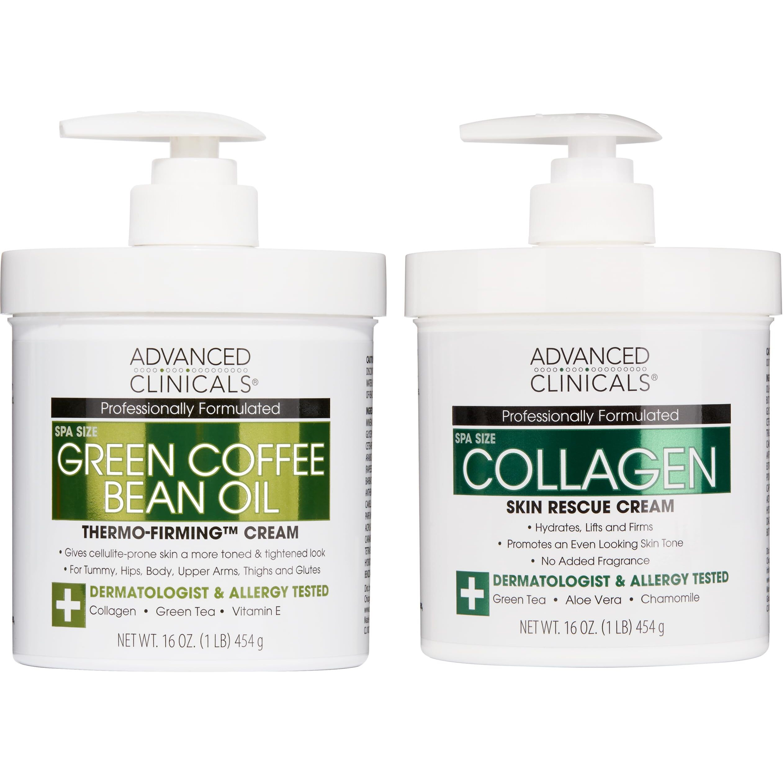 Advanced Clinicals Unscented Collagen Body Cream & Face Moisturizer + Green Coffee Bean Oil Thermo - Firming Body Cream For Women & Men Helps Reduce Appearance Of Cellulite Prone Skin & Dry Skin, 2Pc