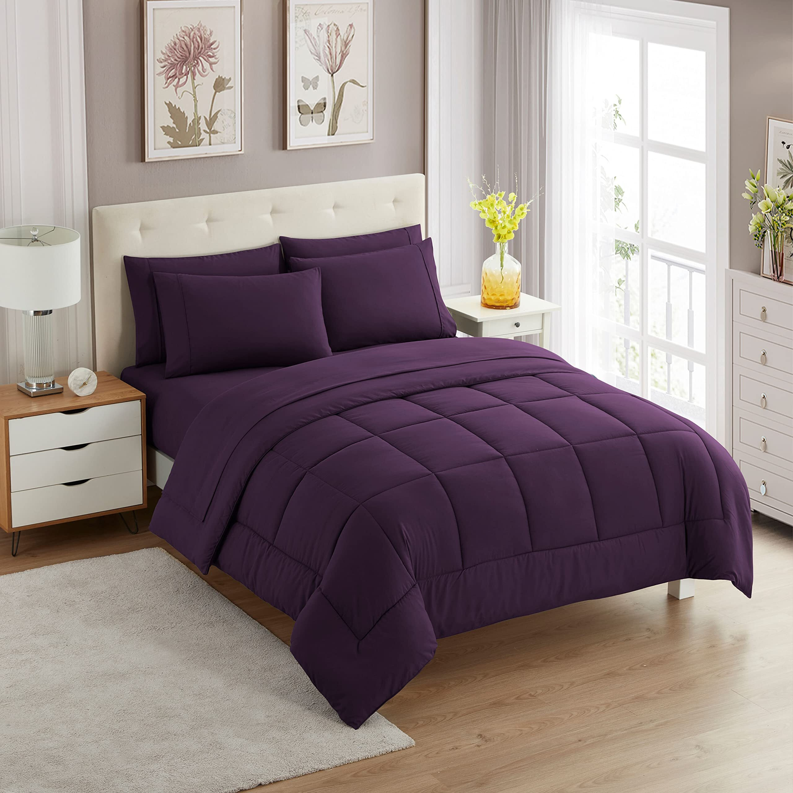 Sweet Home Collection 7 Piece Comforter Set Bag Solid Color All Season Soft Down Alternative Blanket & Luxurious Microfiber Bed Sheets, Purple, Queen