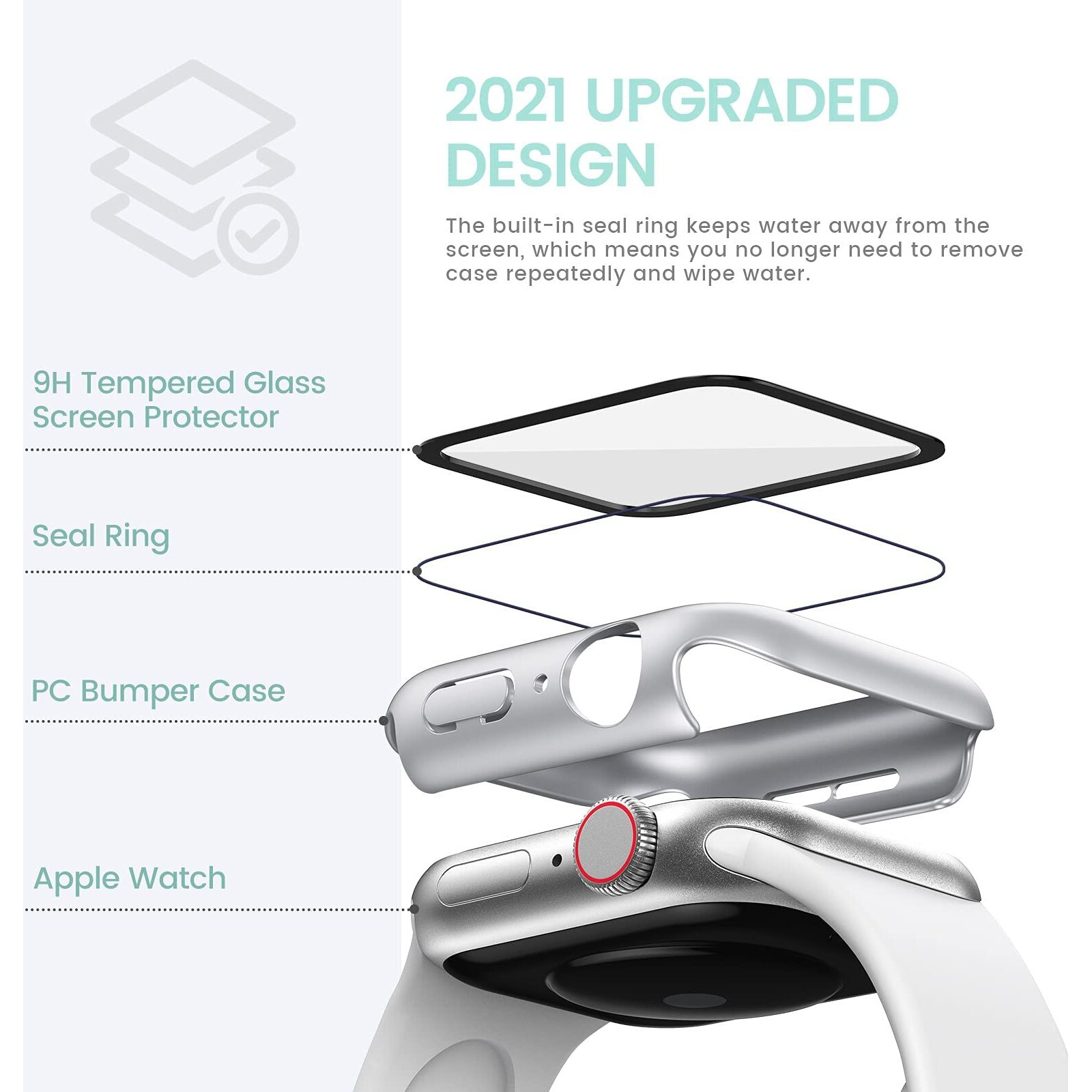 Tensea For Waterproof Apple Watch Screen Protector Case Series 9 8 7 41Mm Accessories, Iwatch Protective Pc Face Cover Built-In Tempered Glass Film, Sweatproof Bumper For Women Men, 41 Mm