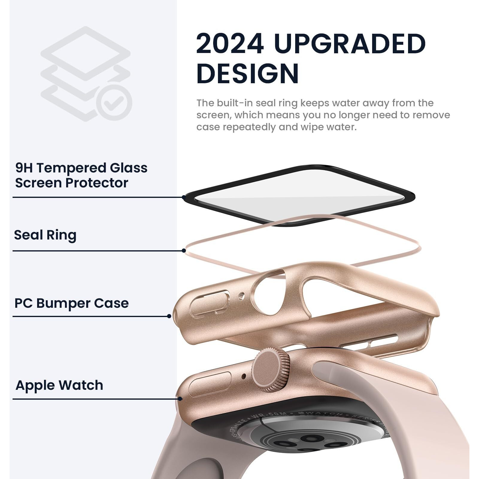 Tensea For Waterproof Apple Watch Screen Protector Case Series 9 8 7 41Mm Accessories, Iwatch Protective Pc Face Cover Built-In Tempered Glass Film, Sweatproof Bumper For Women Men, 41 Mm