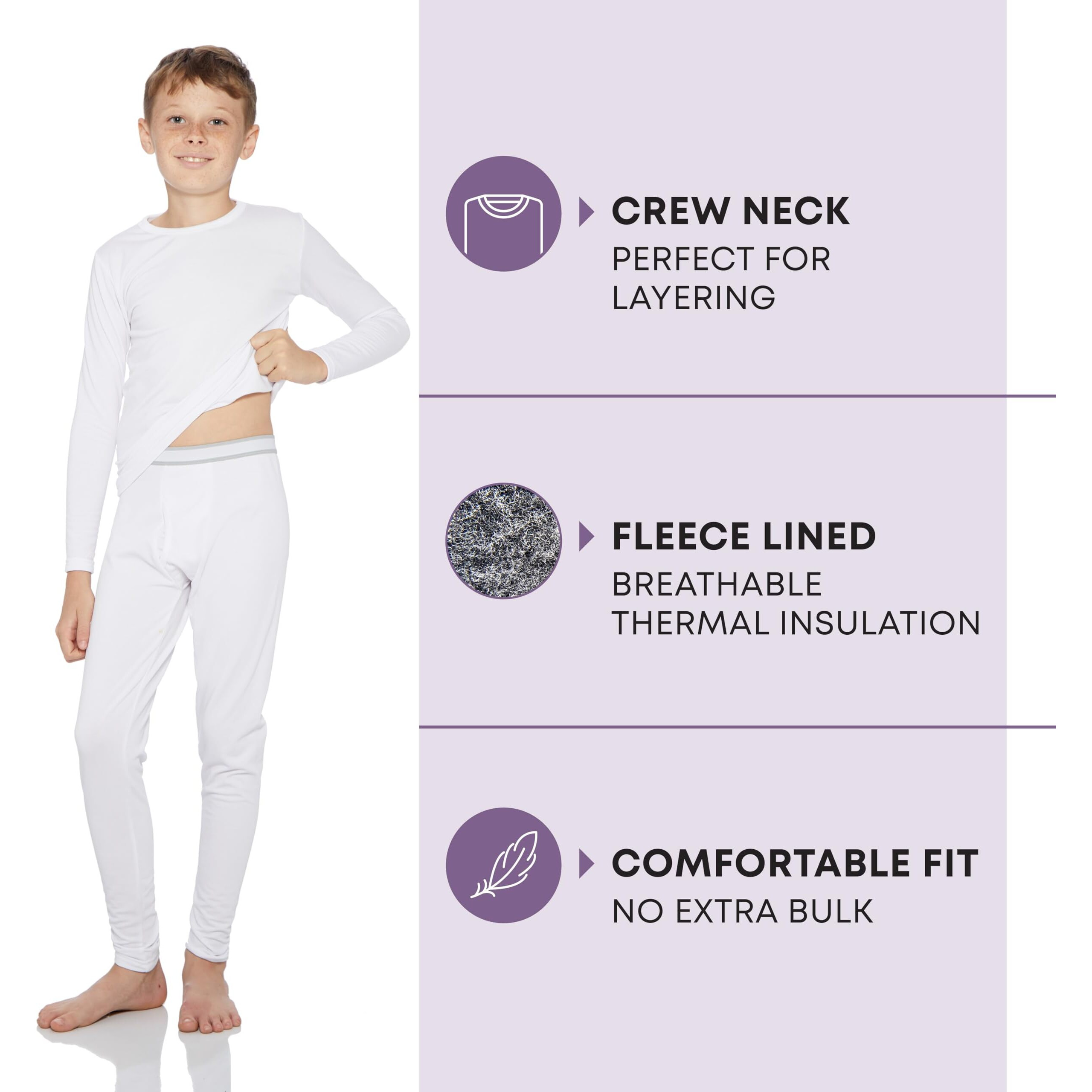 Rocky Thermal Underwear Kids, Boys Thermal Underwear Set Long Johns Thermals Kids Base Layer Kids Thermals Top Bottom Set Boys Winter Clothes Shirt & Pants, Ski/Extreme Cold (White, X-Small)