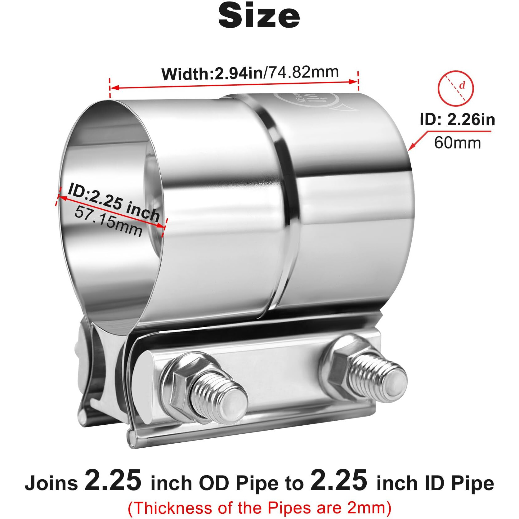 Evil Energy 2.25'' Exhaust Clamp,Lap Joint Band Clamp Stainless Steel For Pipes,Mufflers,Catalytic Converters (4, 2.25 Inch)