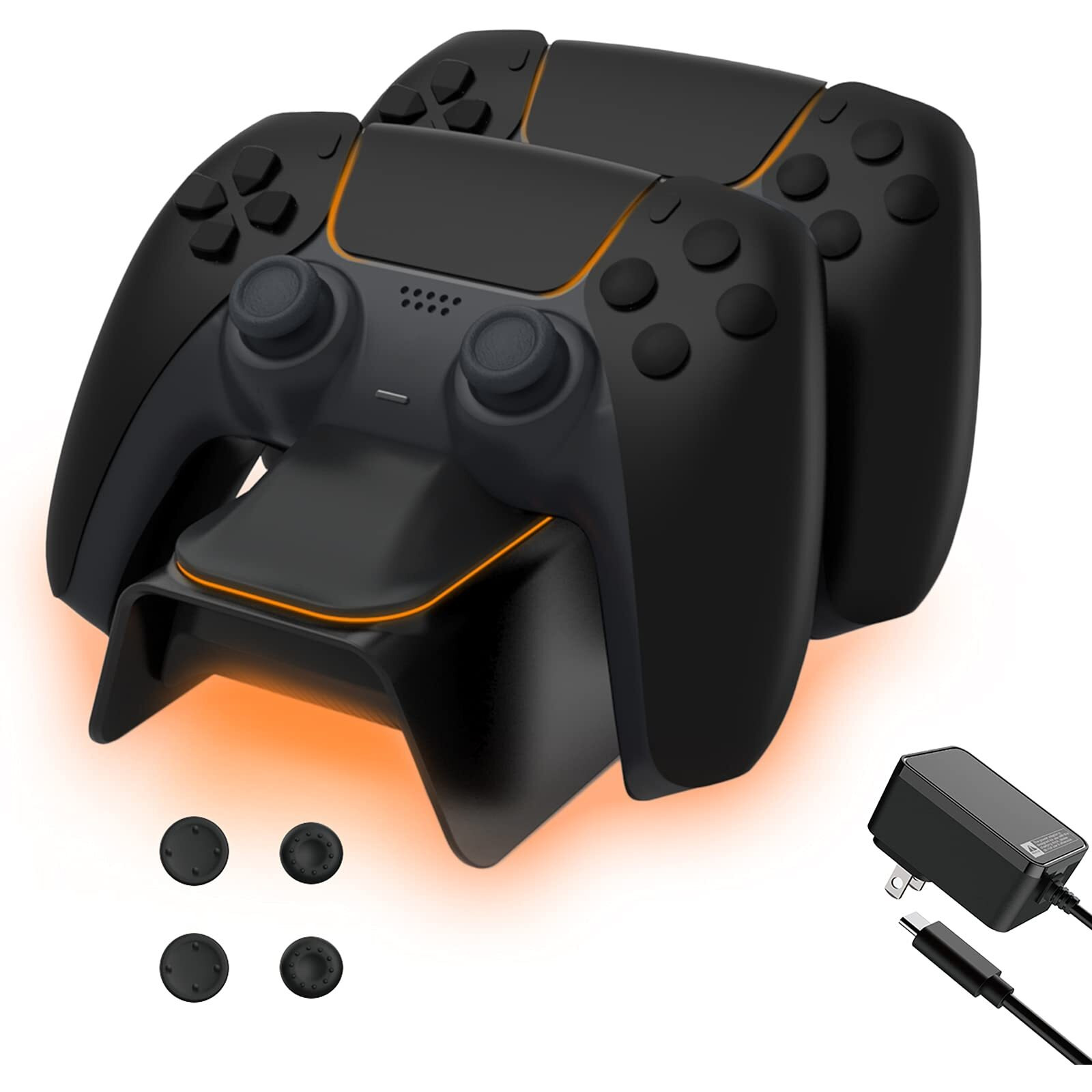 Nexigo Enhanced Ps5 Controller Charger With Thumb Grip Kit, Fast Charging Ac Adapter, Dualsense Charging Station Dock For Dual Playstation 5 Controllers With Led Indicator, Black