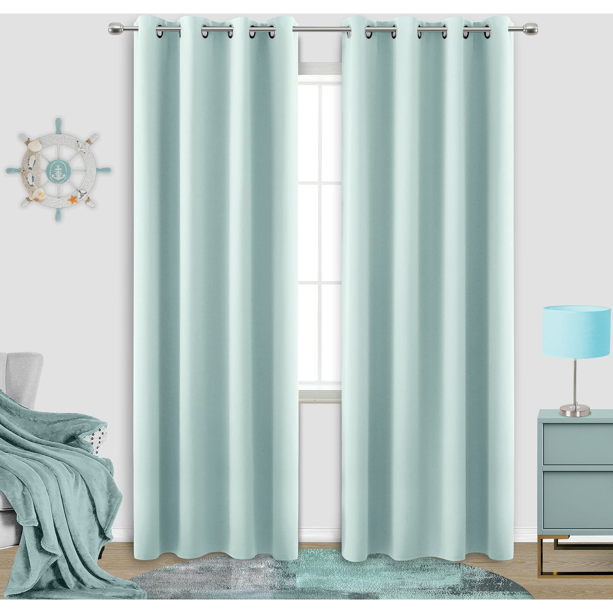 Aqua Blackout Curtains For Summer Beach Room Decor,Ocean Theme 2 Panels Grommet Long Room Darkening Coastal Decor Curtains For Living Room Bedroom Window,84 Inch Length,Seafoam Blue Mint Green
