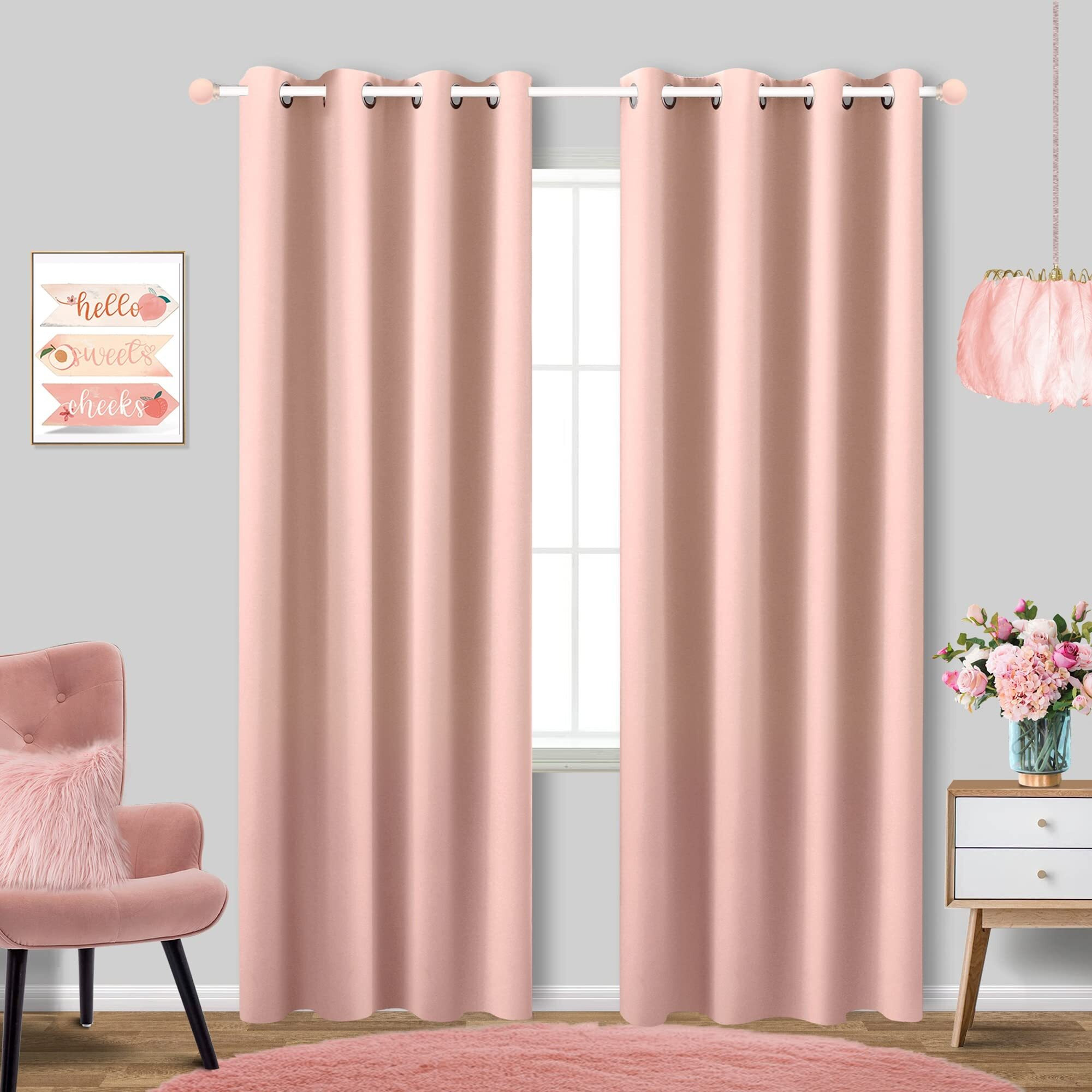 Koufall Cute Blackout Curtains For Bedroom,Aesthetic Thermal Insulated 2 Panels Window Baby Girls Kids Nursery Grommet Light Blocking Pastel Drapes For Living Room 84 Inch Length,Blush Pink