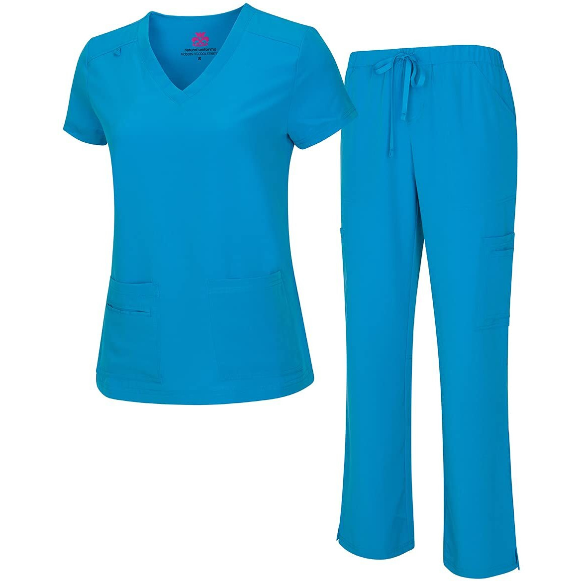 Natural Uniforms Womens Cool Stretch V-Neck Top And Cargo Pant Set (Water Blue, Large)