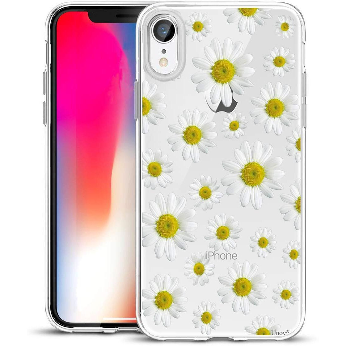 Unov Case Compatible With Iphone Xr Case Clear With Design Slim Protective Soft Tpu Bumper Embossed Pattern 6.1 Inch (White Daisy)