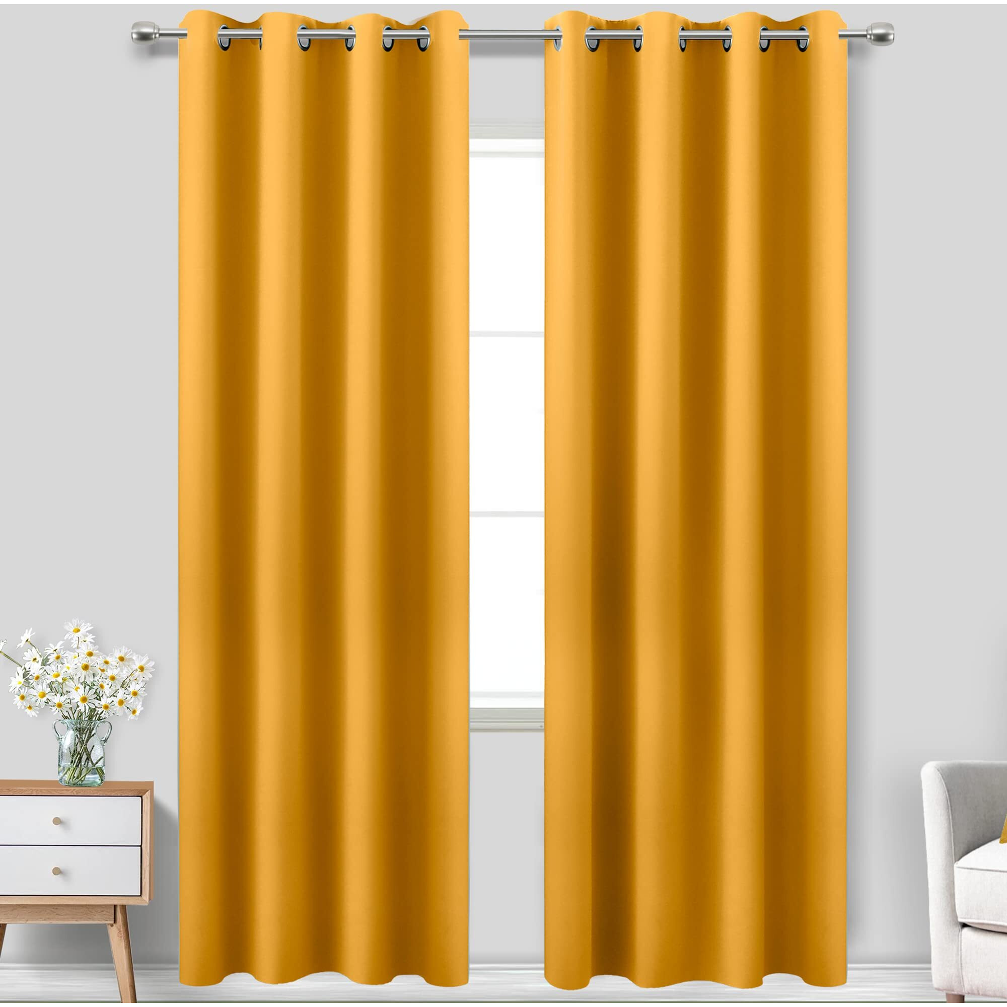 Koufall Yellow Curtains 96 Inches Long For Living Room Pair Set Of 2 Panels Grommet Room Darkening Blackout Window Curtains For Bedroom 52 X 96 Inch Length Mustard Yellow