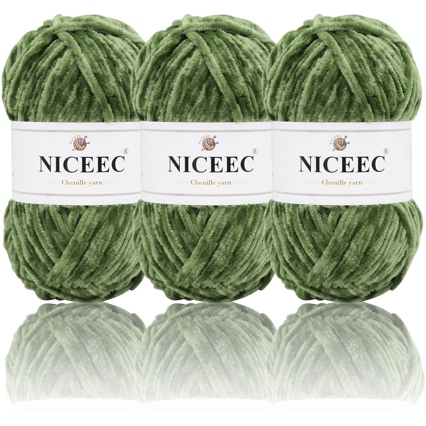 Niceec 3 Skeins Soft Chenille Yarn Blanket Yarn For Knitting Fancy Yarn For Crochet Weaving Diy Craft Total Length 385M (393Yds, 350G)_Army Green