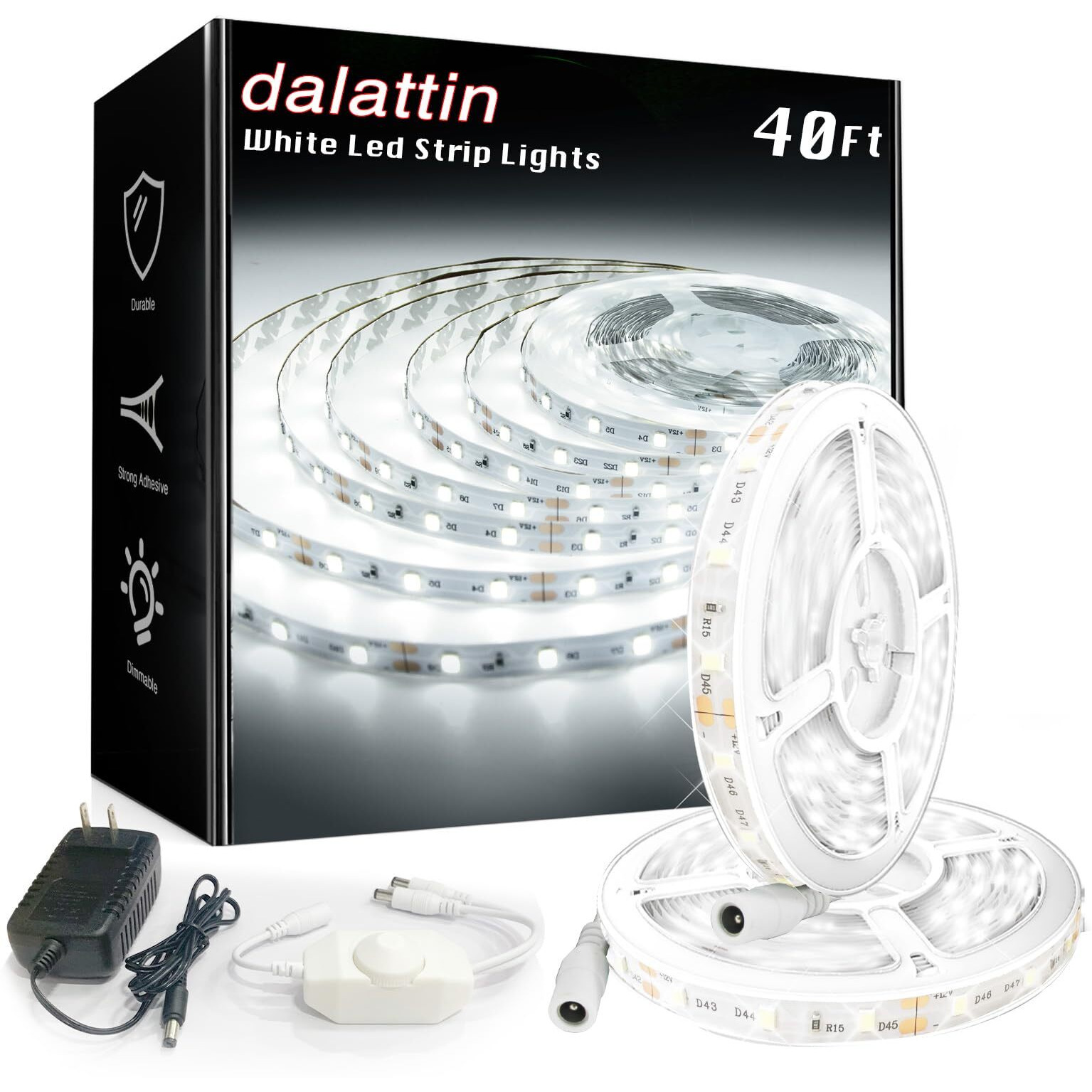 Dalattin White Led Strip Lights, 40Ft Dimmable Led Light Strip 6500K Bright Daylight White 24V, 720 Leds 2835 Tape Lights For Bedroom, Kitchen, Mirror, Home Decoration(2 * 20Ft)