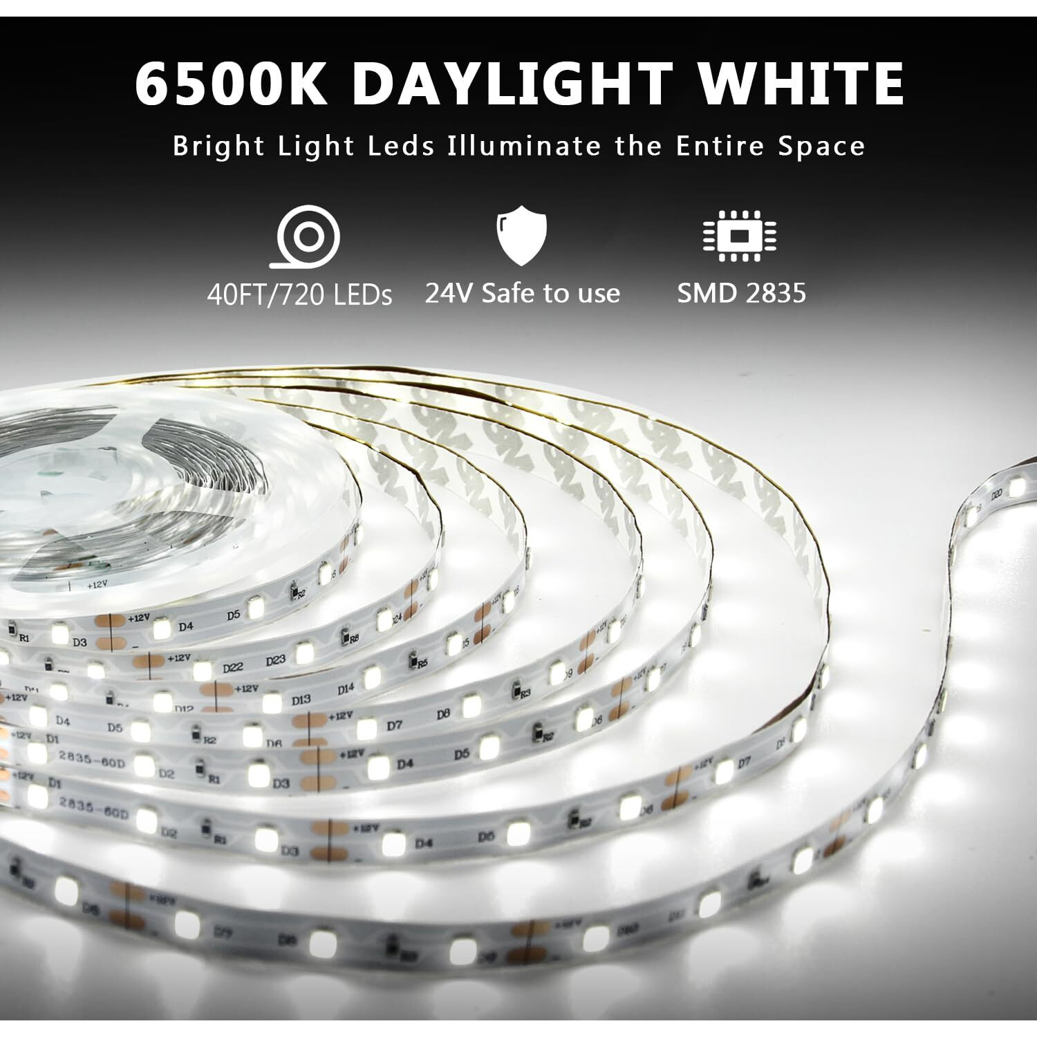 Dalattin White Led Strip Lights, 40Ft Dimmable Led Light Strip 6500K Bright Daylight White 24V, 720 Leds 2835 Tape Lights For Bedroom, Kitchen, Mirror, Home Decoration(2 * 20Ft)