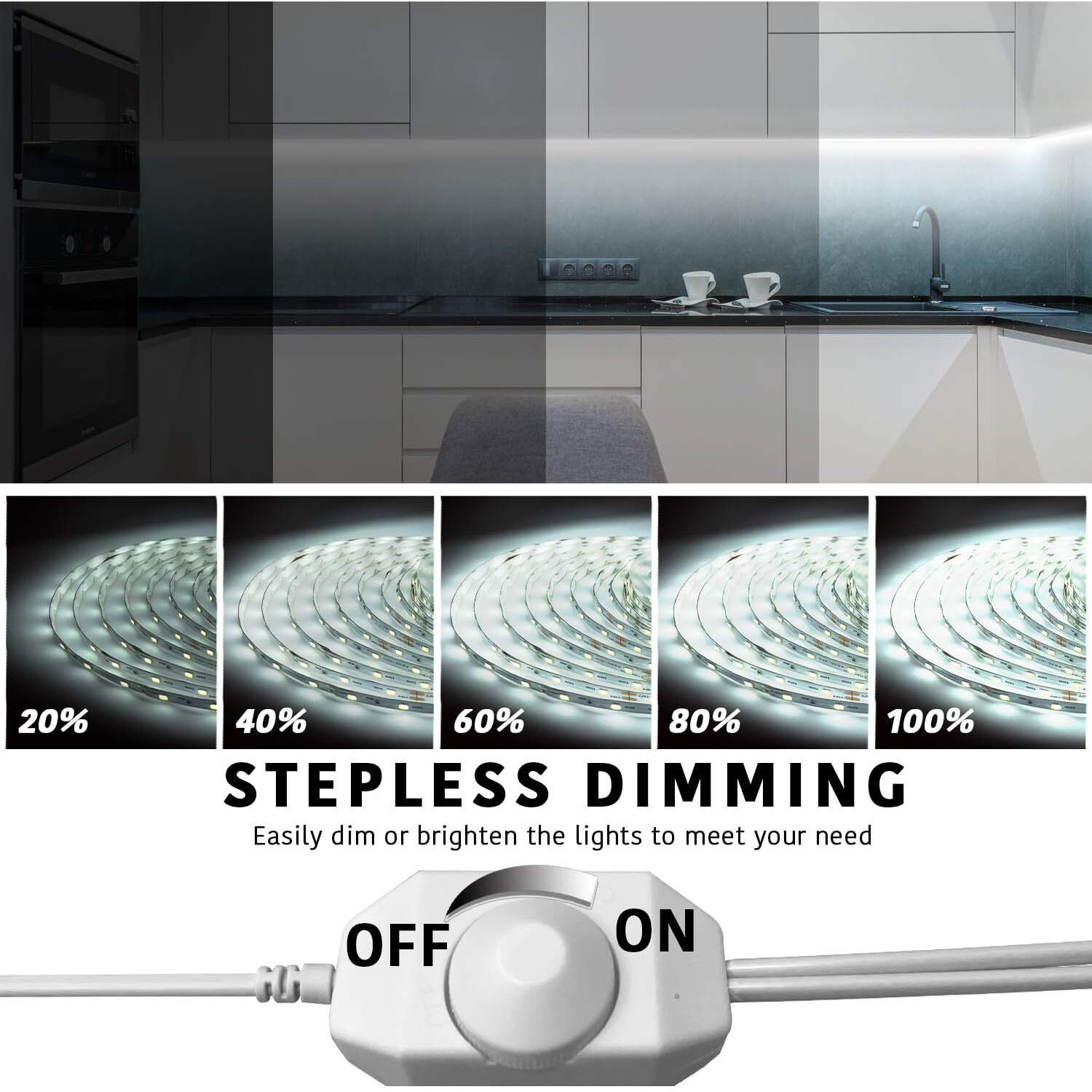 Dalattin White Led Strip Lights, 40Ft Dimmable Led Light Strip 6500K Bright Daylight White 24V, 720 Leds 2835 Tape Lights For Bedroom, Kitchen, Mirror, Home Decoration(2 * 20Ft)