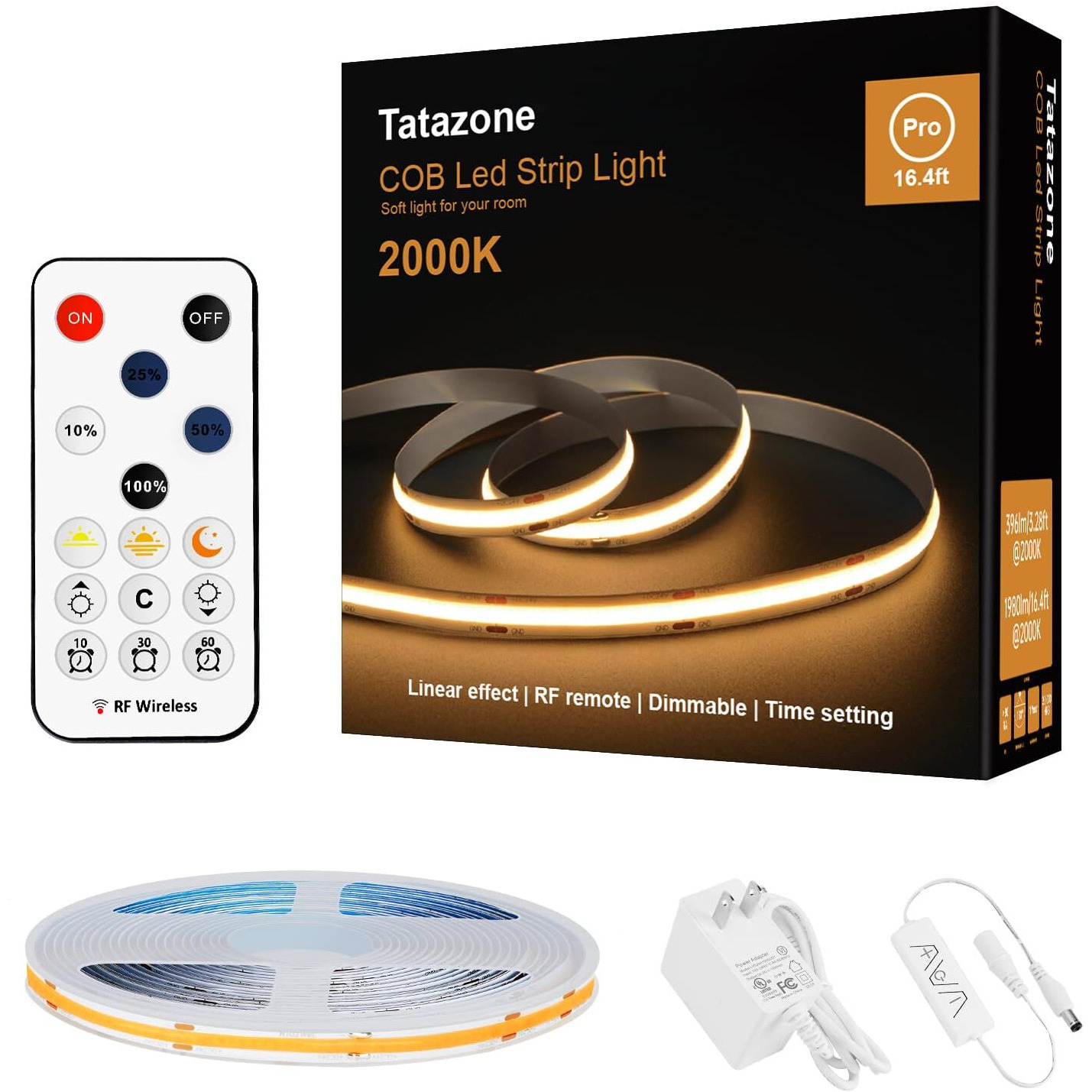 Tatazone 2000K Yellow Cob Led Strip Lights With Rf Remote, 16.4Ft Dimmable Bright Dotless Amber Led Light Strip, Adhesive Indoor Yellow Led Lights For Window, Living Room,Shelf